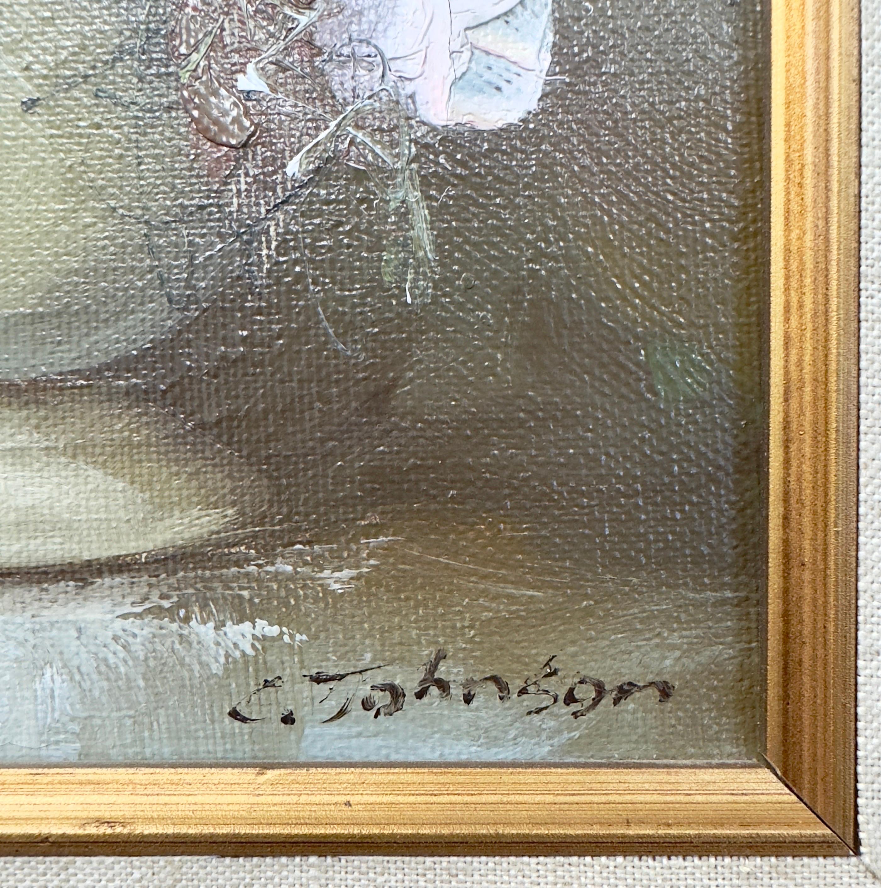 Stillleben Blumen Öl auf Leinwand Gemälde in maßgefertigtem vergoldetem Rahmen, signiert C.Johnson im Angebot 4