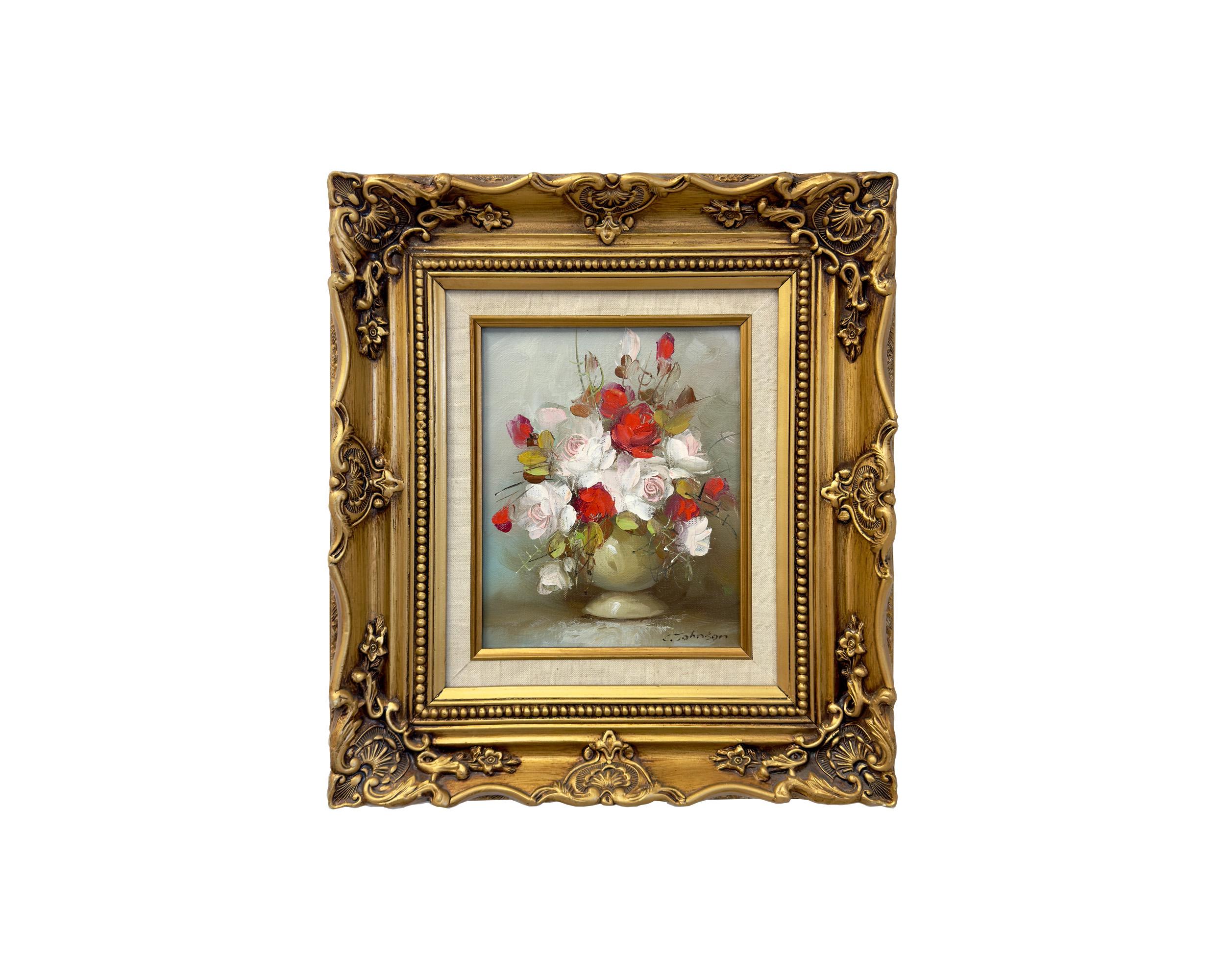 Unknown Still-Life Painting – Stillleben Blumen Öl auf Leinwand Gemälde in maßgefertigtem vergoldetem Rahmen, signiert C.Johnson
