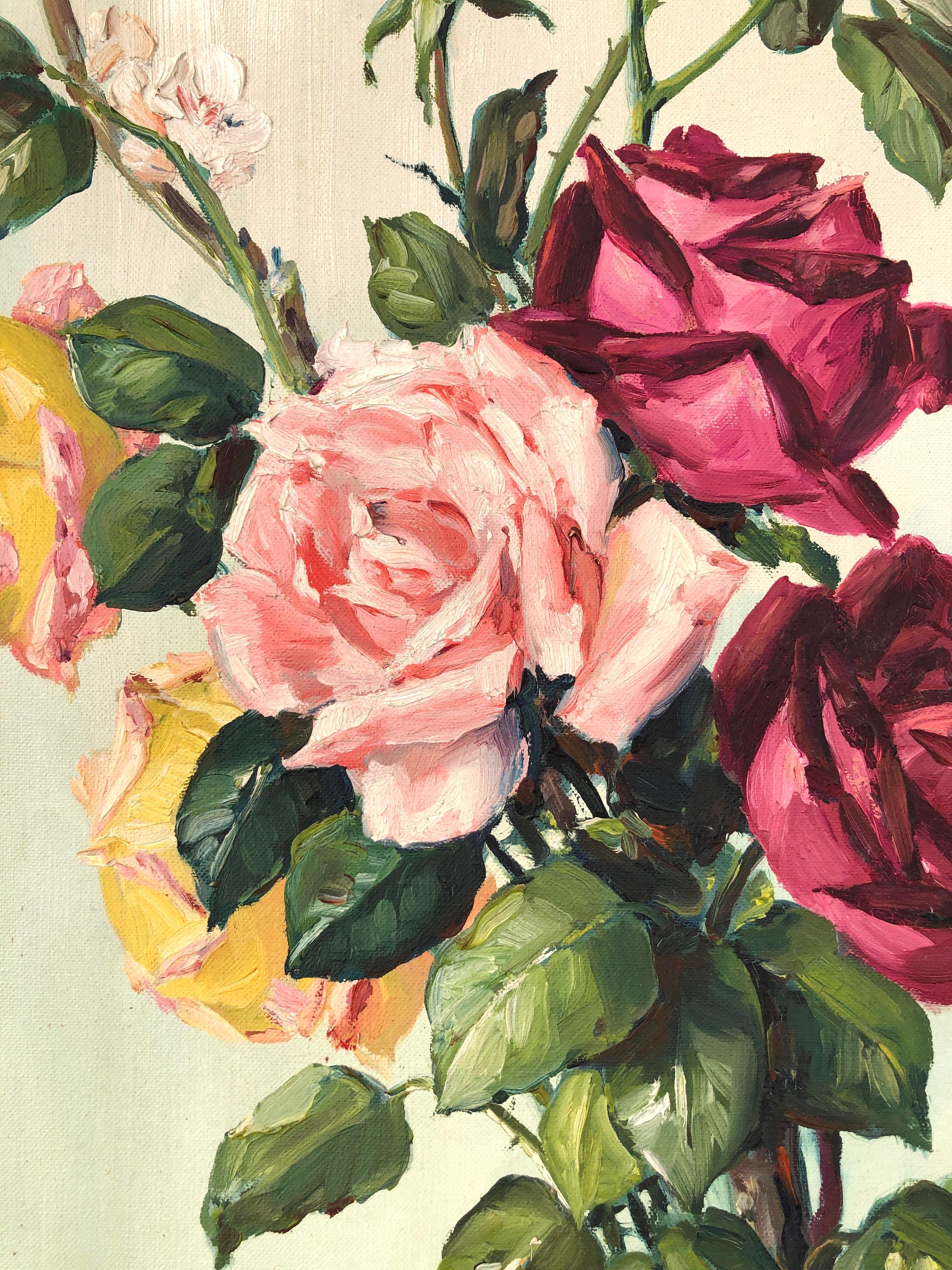 Stillleben Blumen Rosen Öl auf Leinwand Gemälde im Angebot 2