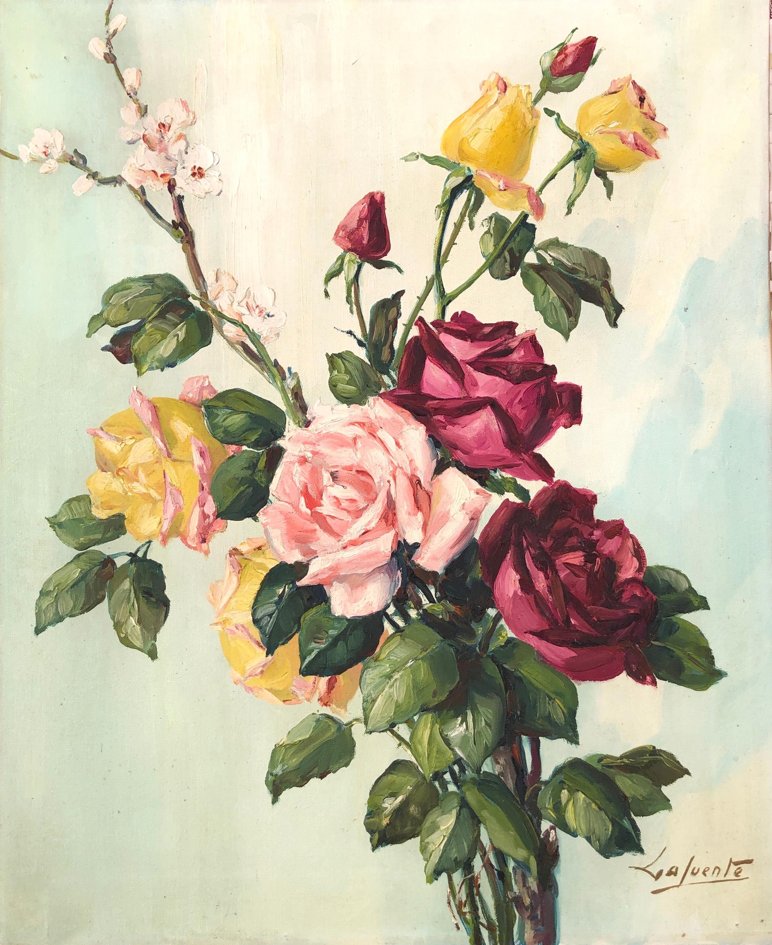 Still life flowers roses oil on canvas painting