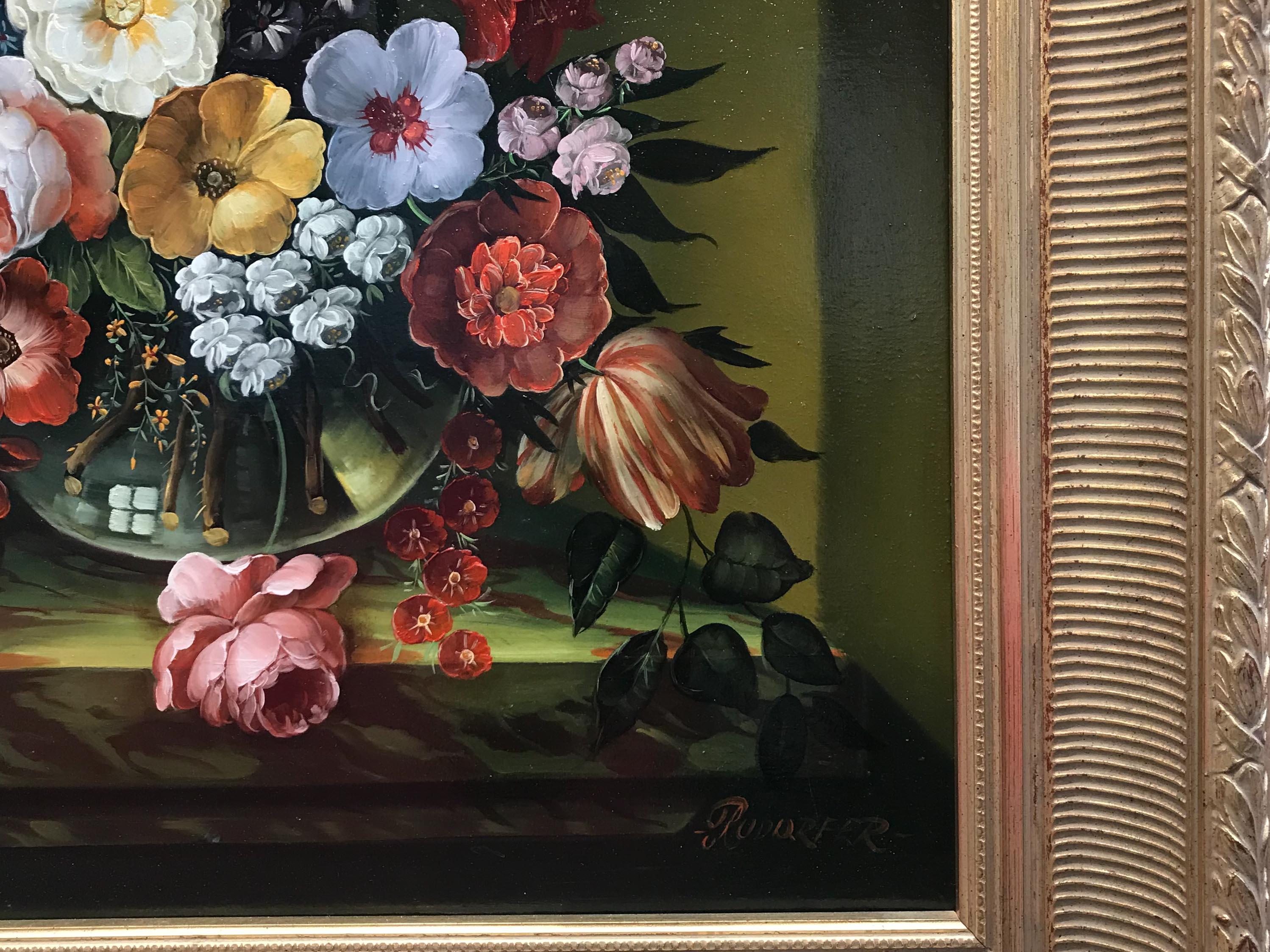A very well painted contemporary oil painting on board in the style of the 17th/18th century Dutch Flemish school, in a gilded wood and gesso frame. The painting depicts a vase on top of a marble column full of various colourful flowers and leaves.