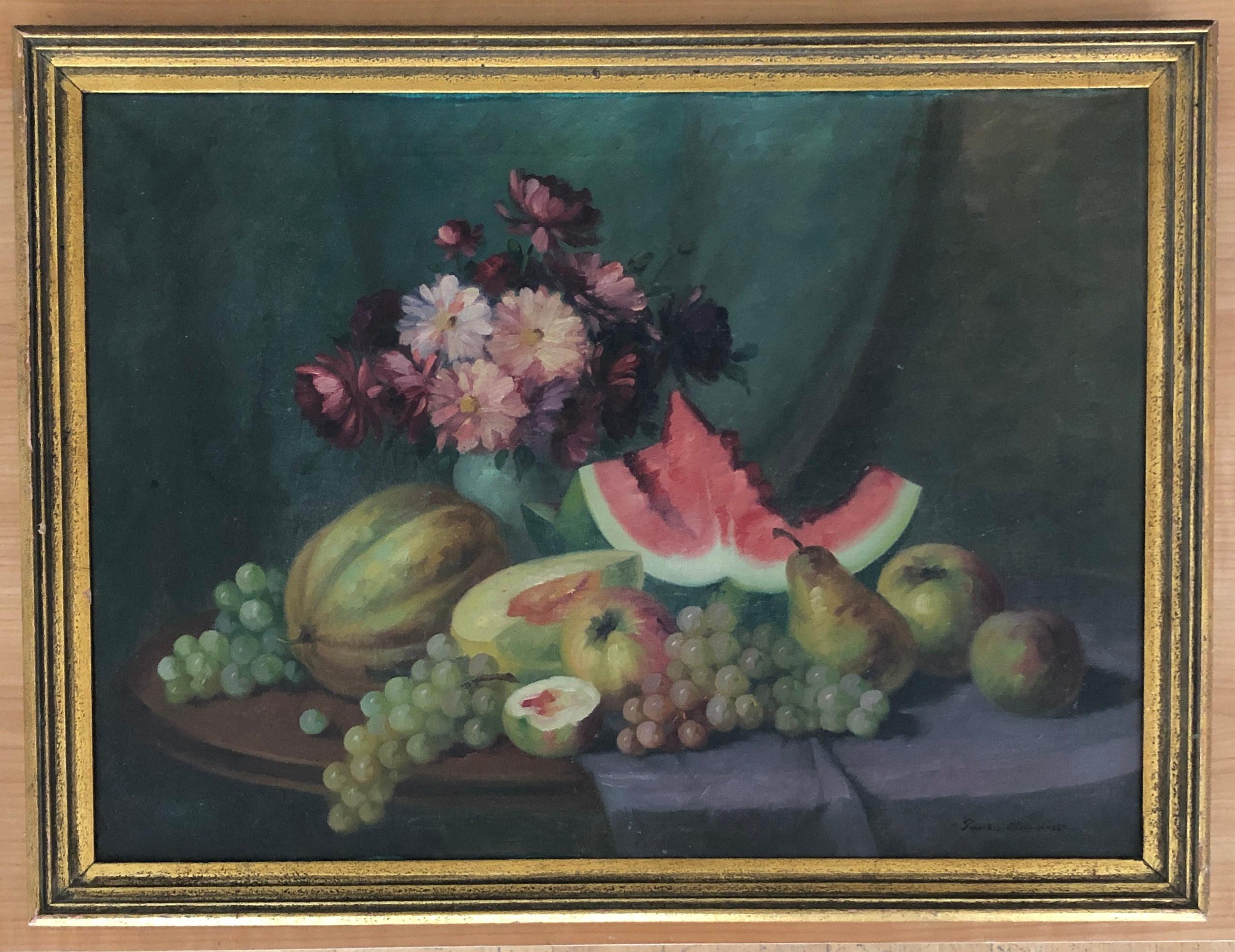 Nature morte fruits et fleurs - Painting de Unknown