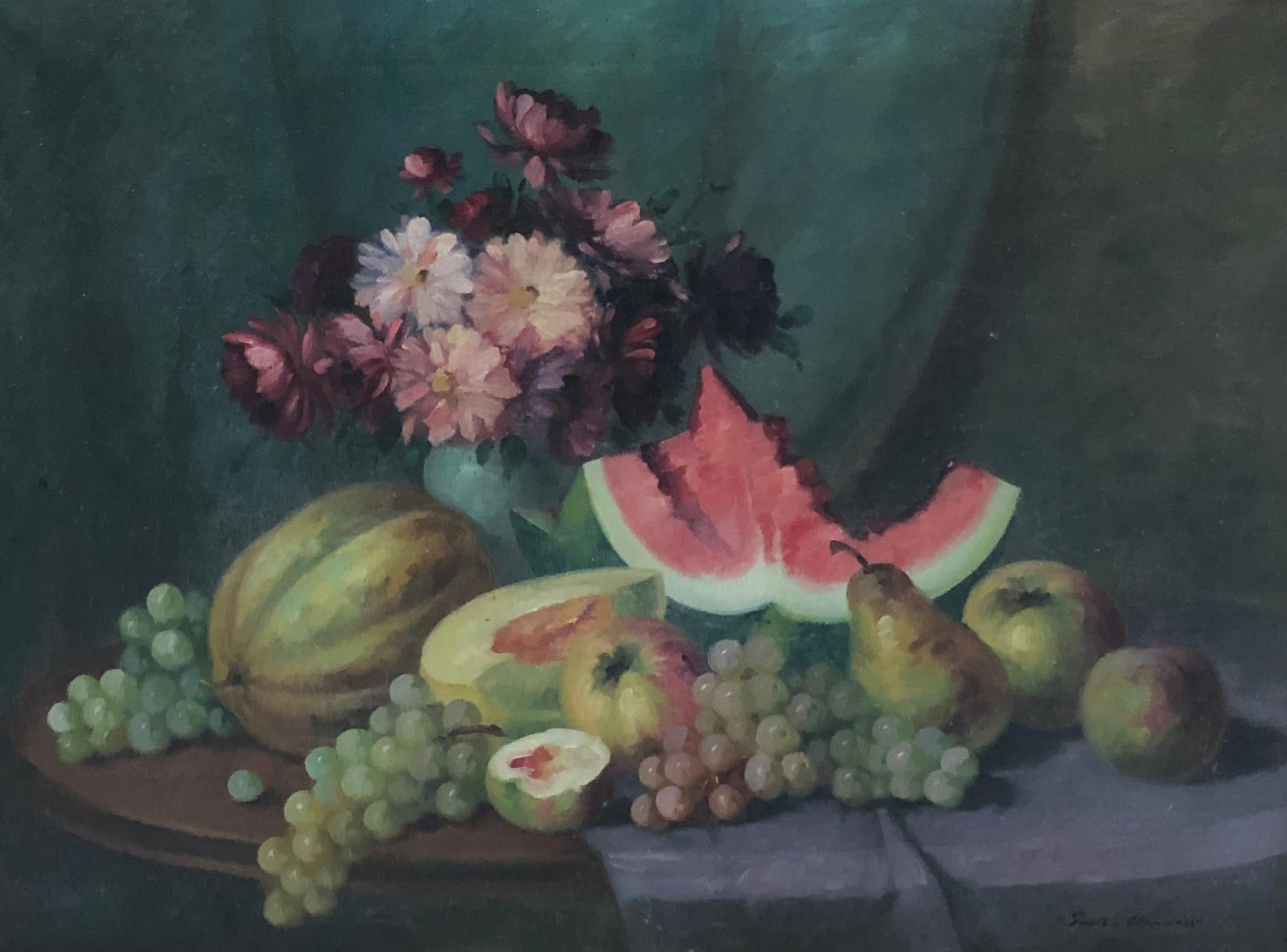 Still-Life Painting Unknown - Nature morte fruits et fleurs