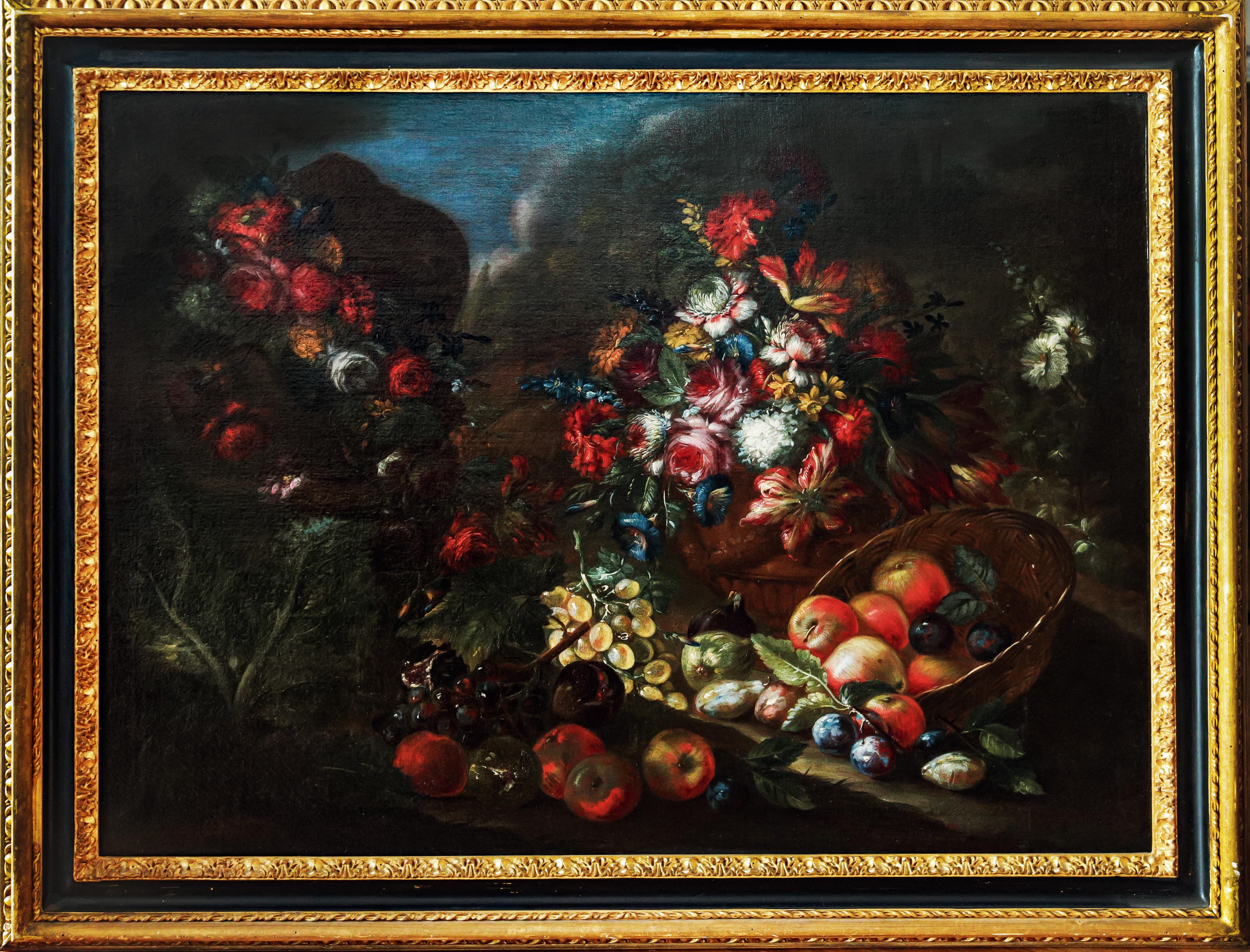 Unknown Still-Life Painting - "Still Life, Fruits and Flowers" — Italian Painting 