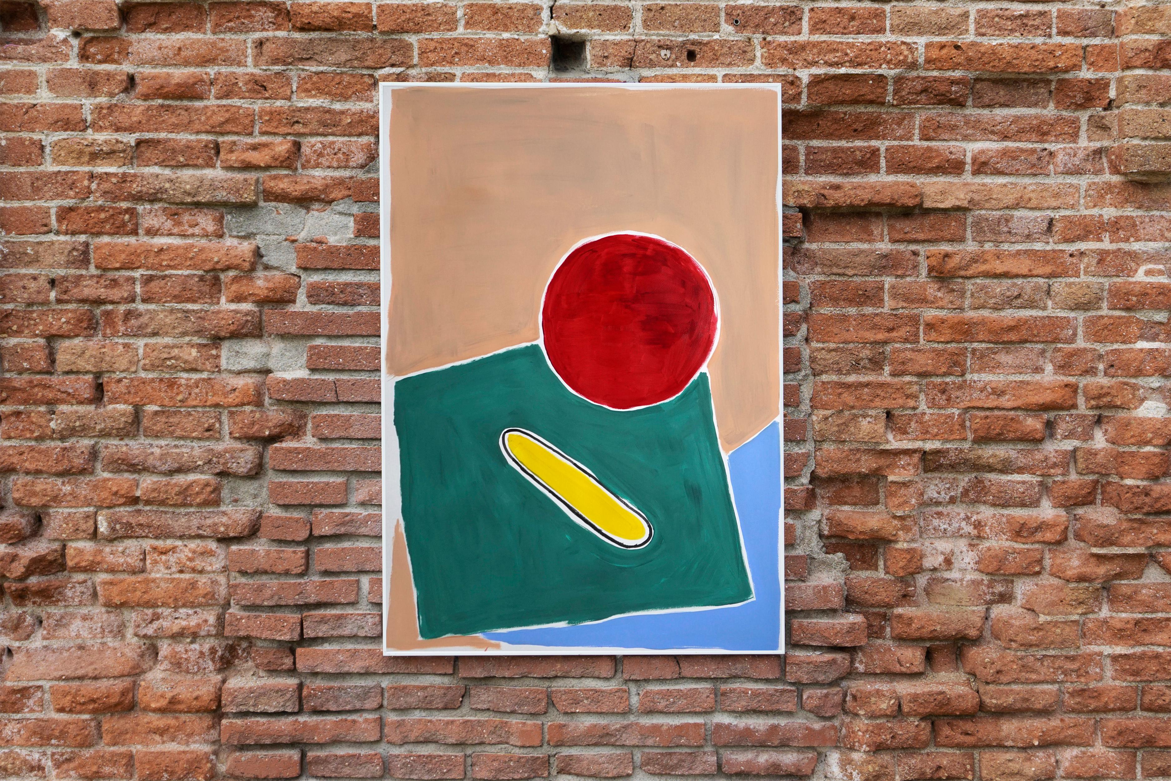 Still Life in Primary Colors, Naïf Architectural Landscape Pool in Red and Green - Minimalist Painting by Unknown