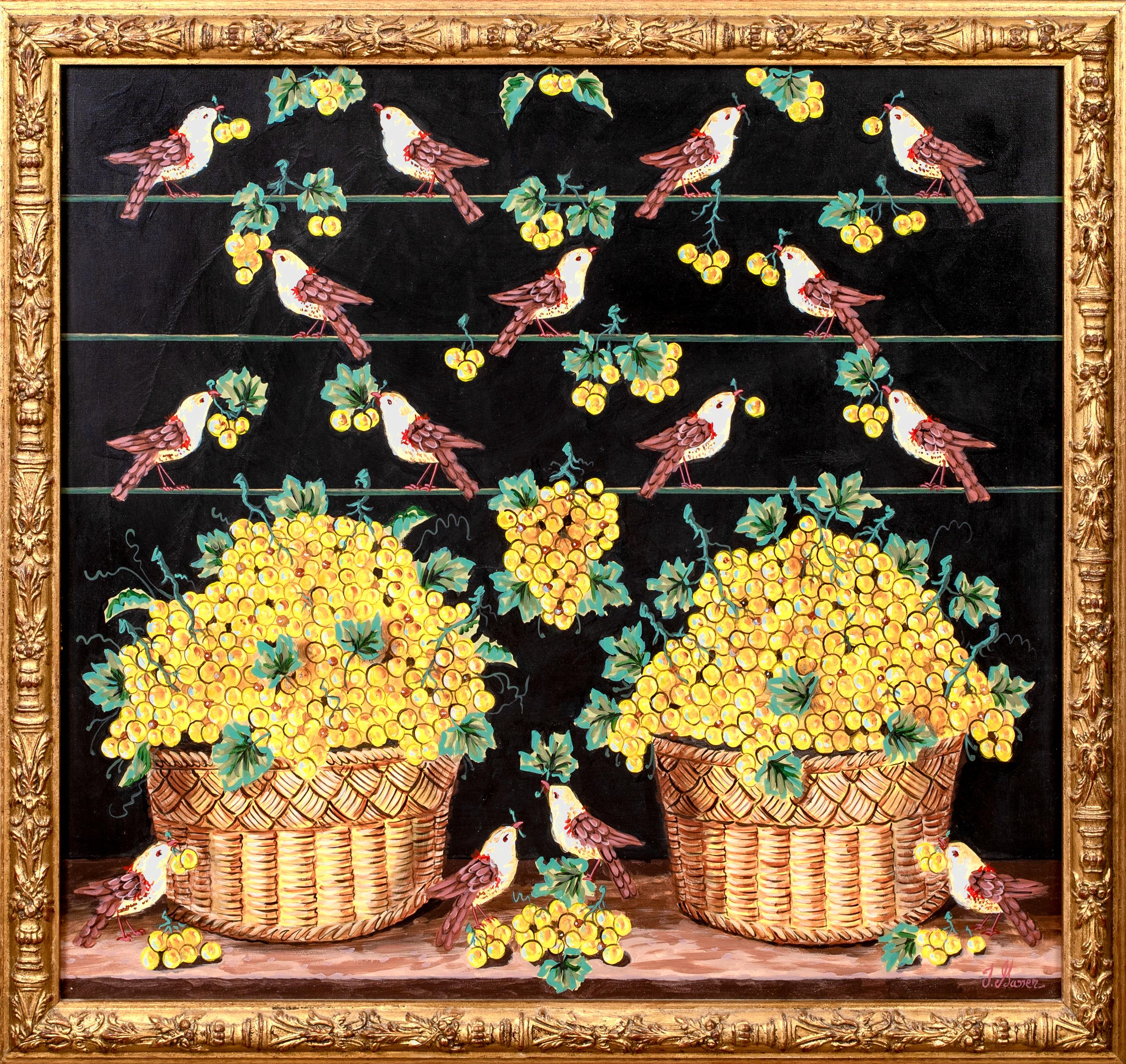 Stillleben mit Vögeln und Trauben, Öl auf Leinwand  Altmeisterlicher römischer Schulstil (Schwarz), Still-Life Painting, von Unknown