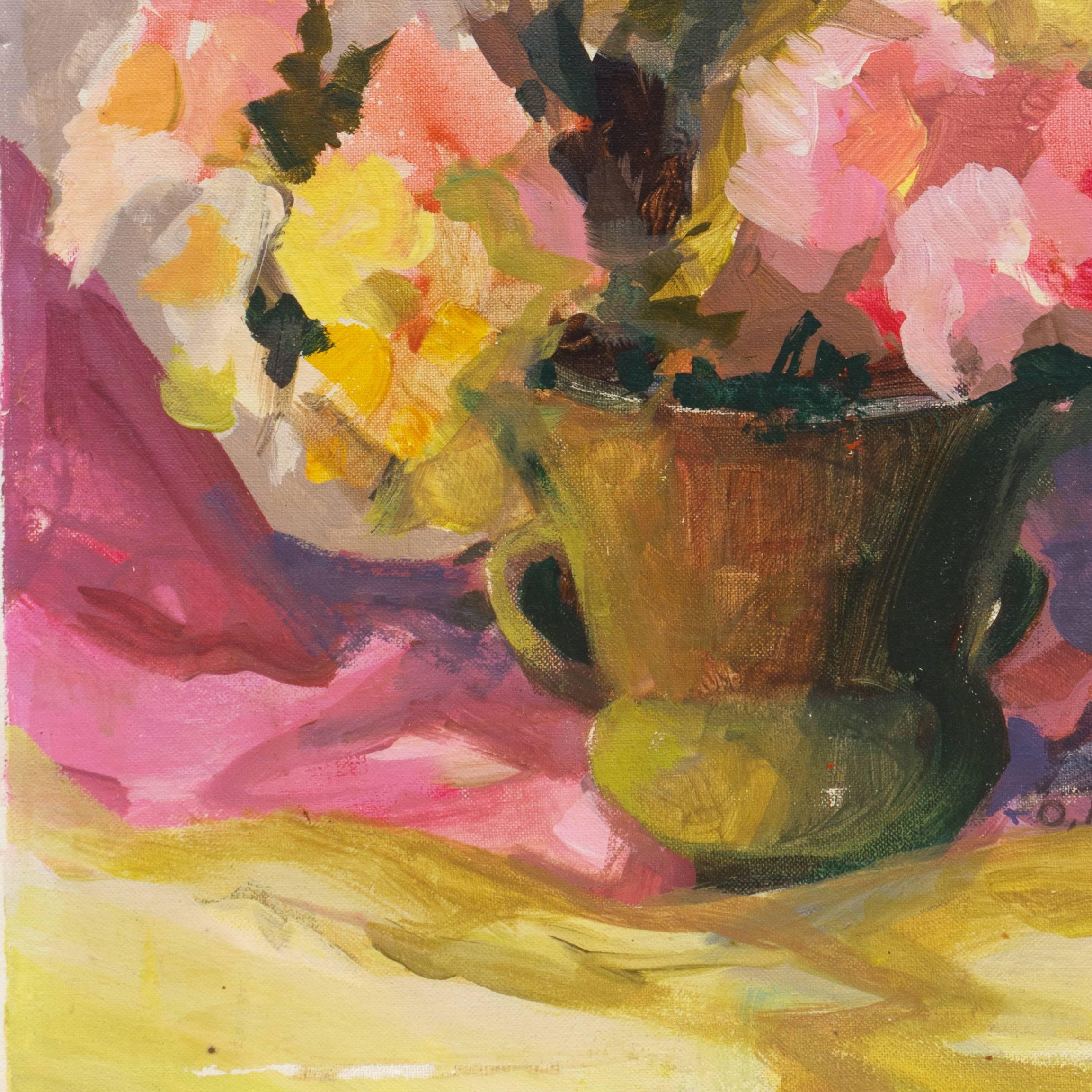 A period oil study showing a bouquet of pastel pink and yellow dog roses informally arranged in a jade colored vase and contrasted against magenta drapery.

Signed lower right, 'O. Miller' and painted circa 1965.

