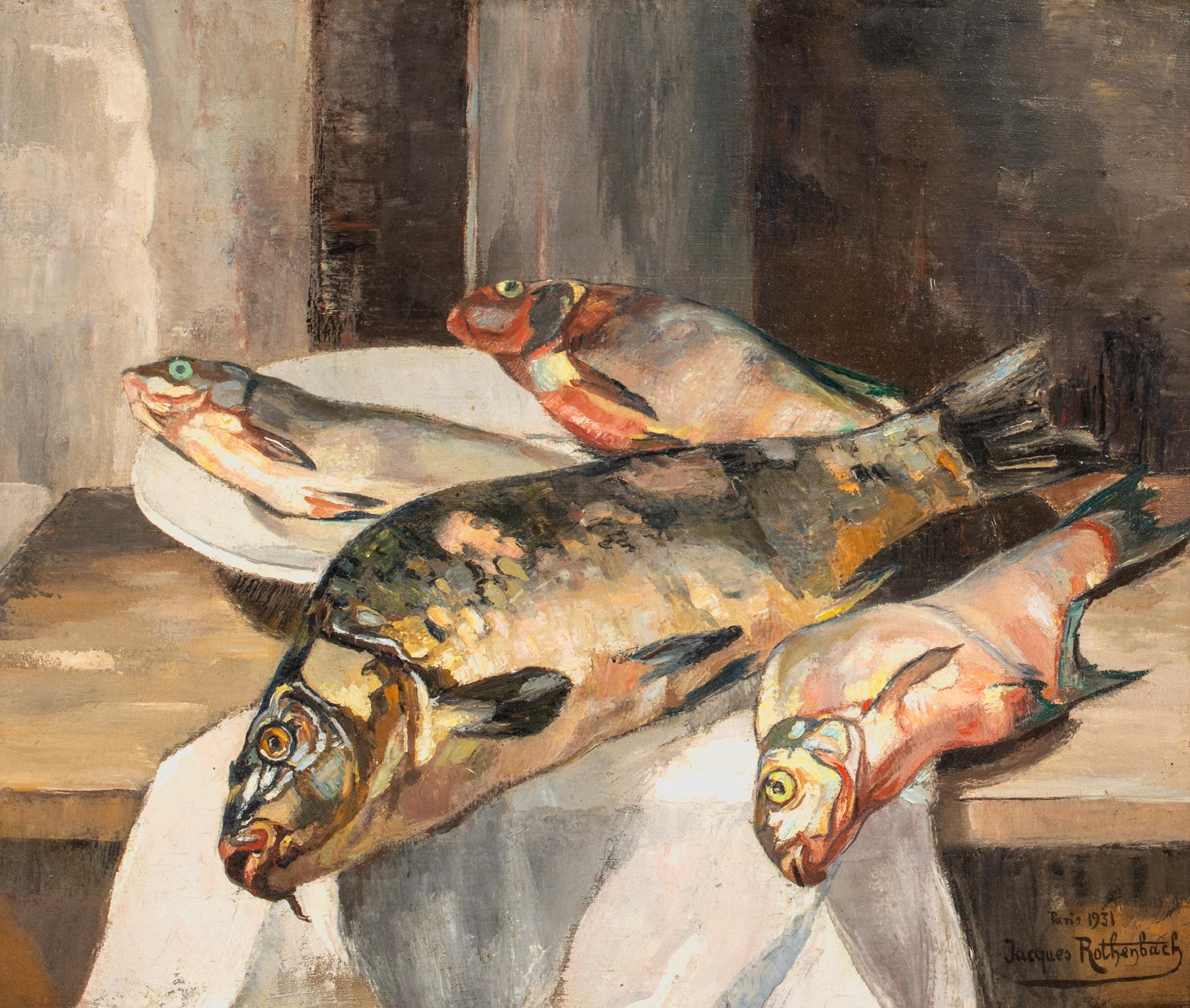 Still Life Of Fish, dates 1931

by Jacques Rothenbach

Large 1931 French School still life of fish in a kitchen, oil on canvas by Jacques Rothenbach. Excellent quality and condition early 20th century study of the fish painted with bold detail and