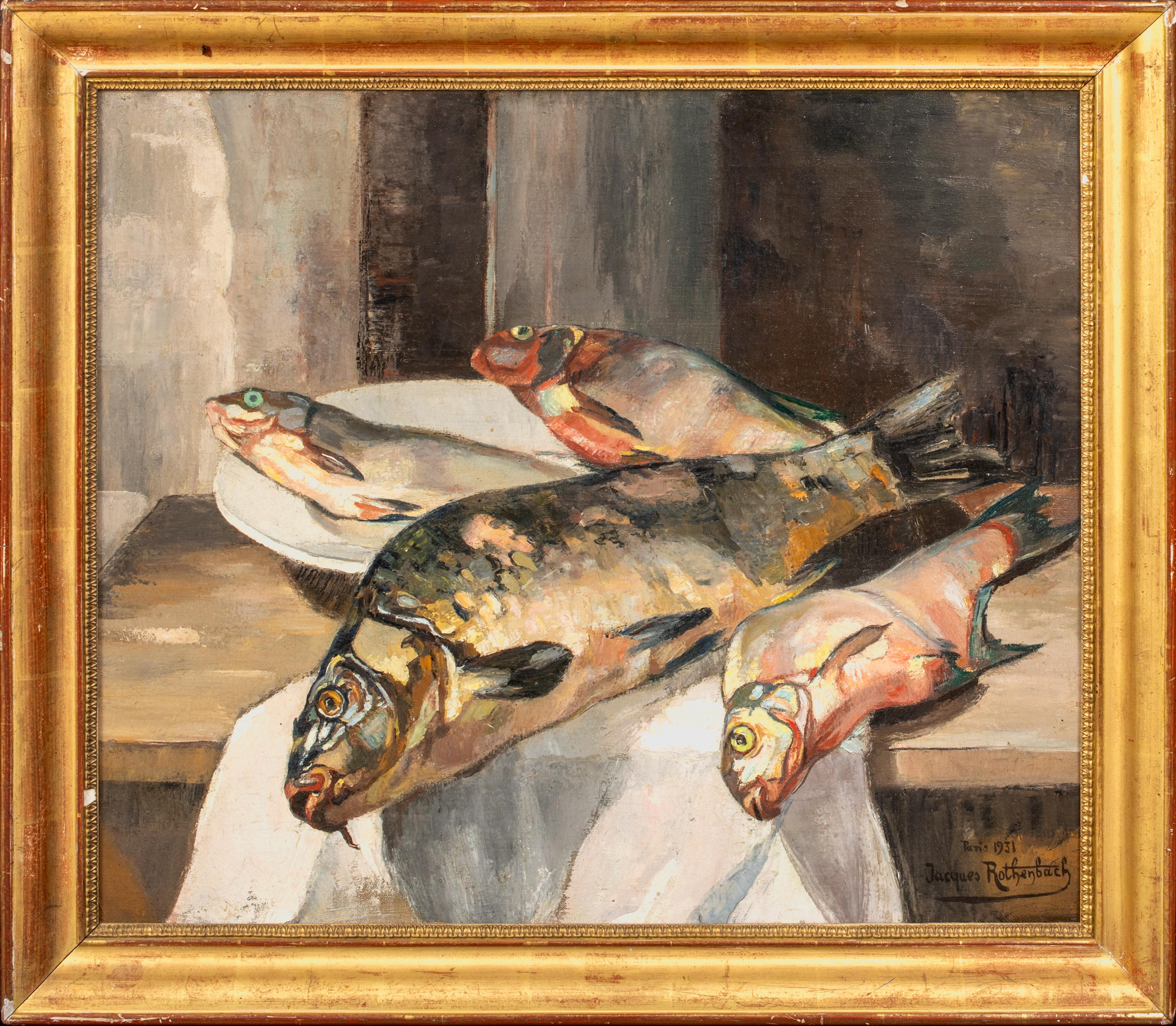 Unknown Still-Life Painting - Still Life Of Fish, dates 1931  by Jacques Rothenbach