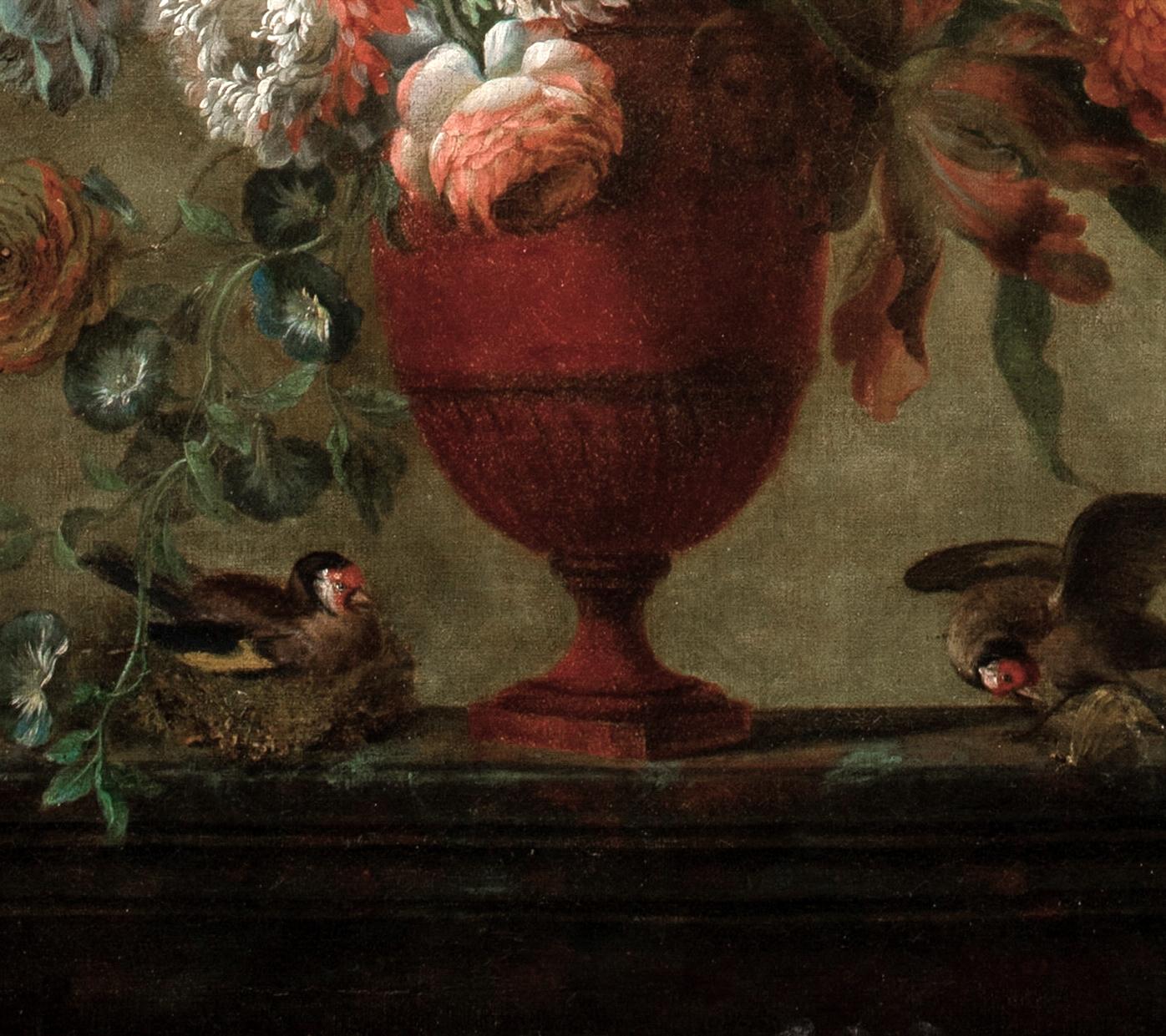 Still Life Of Flower & Goldfinches, circa 1700

French School

Fine large circa 1800 French School old Master still life of flowers in a vase upon a mantle accompanied by Goldfinches, oil on canvas. Magnificent large scale study by an accomplished