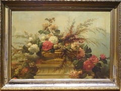 Bodegón de flores, siglo XIX  Enorme estudio escolar francés de circa 1880