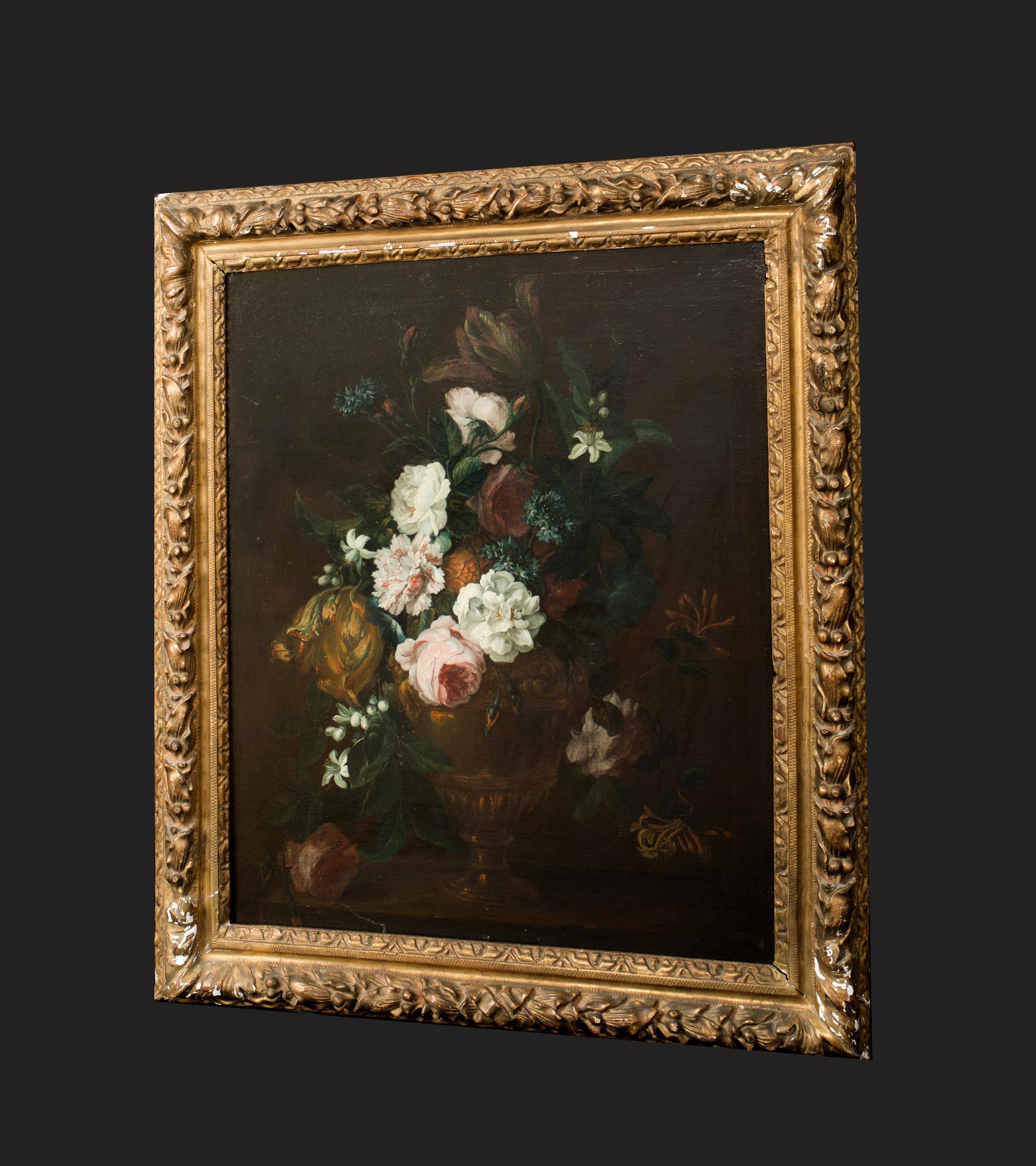 Still Life Of Flowers In An Urn, 17th Century - Black Still-Life Painting by Unknown