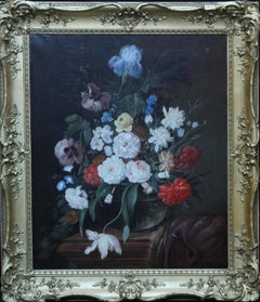 Still Life of Flowers in Vase on Ledge - Dutch 19thC art floral oil painting