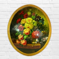 Still Life of Fruit on Table, Gilt Wood Oval Frame with Convex, Hand Painted Oil