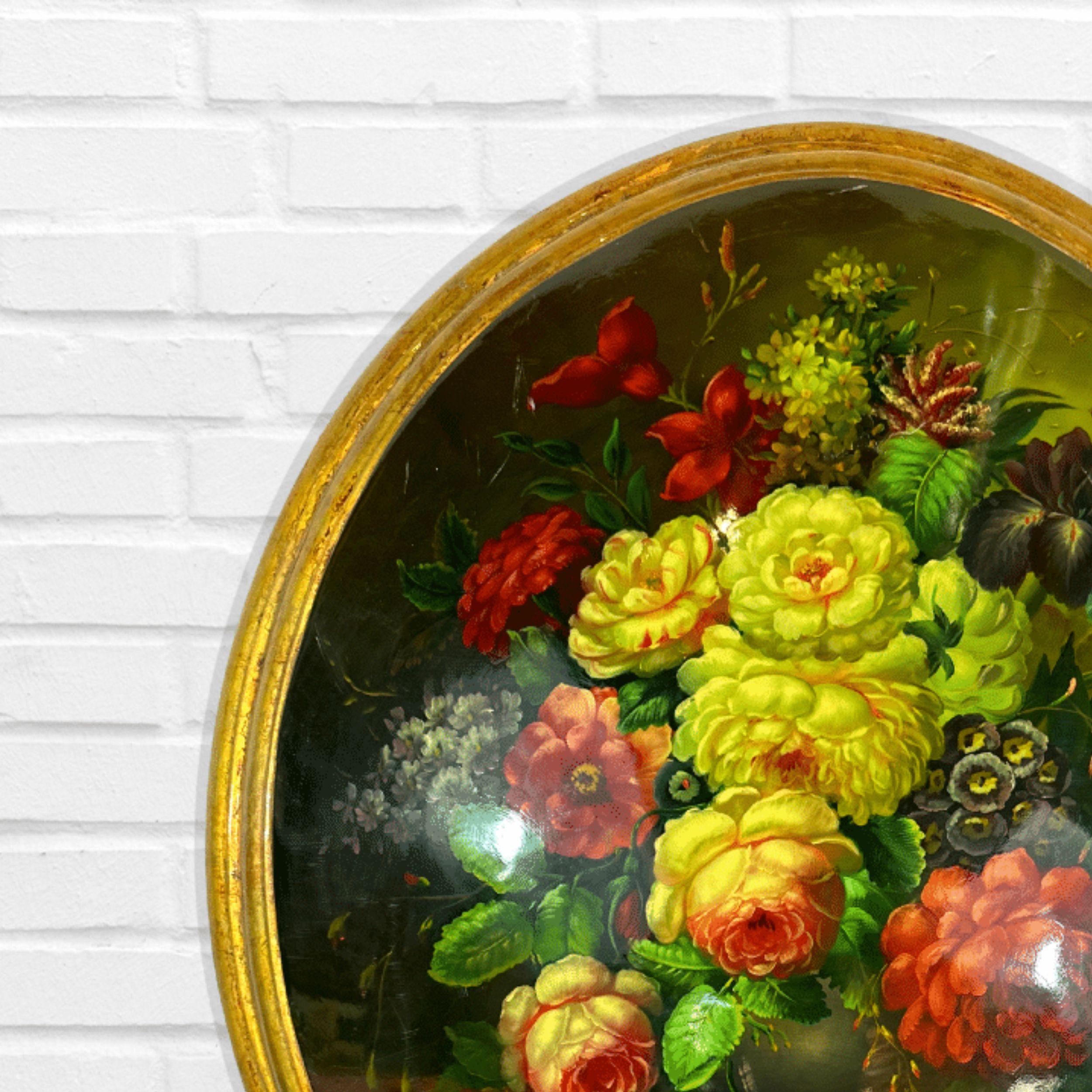 Still Life of Fruit on Table, Gilt Wood Oval Frame with Convex, Hand Painted Oil - Realist Painting by Unknown