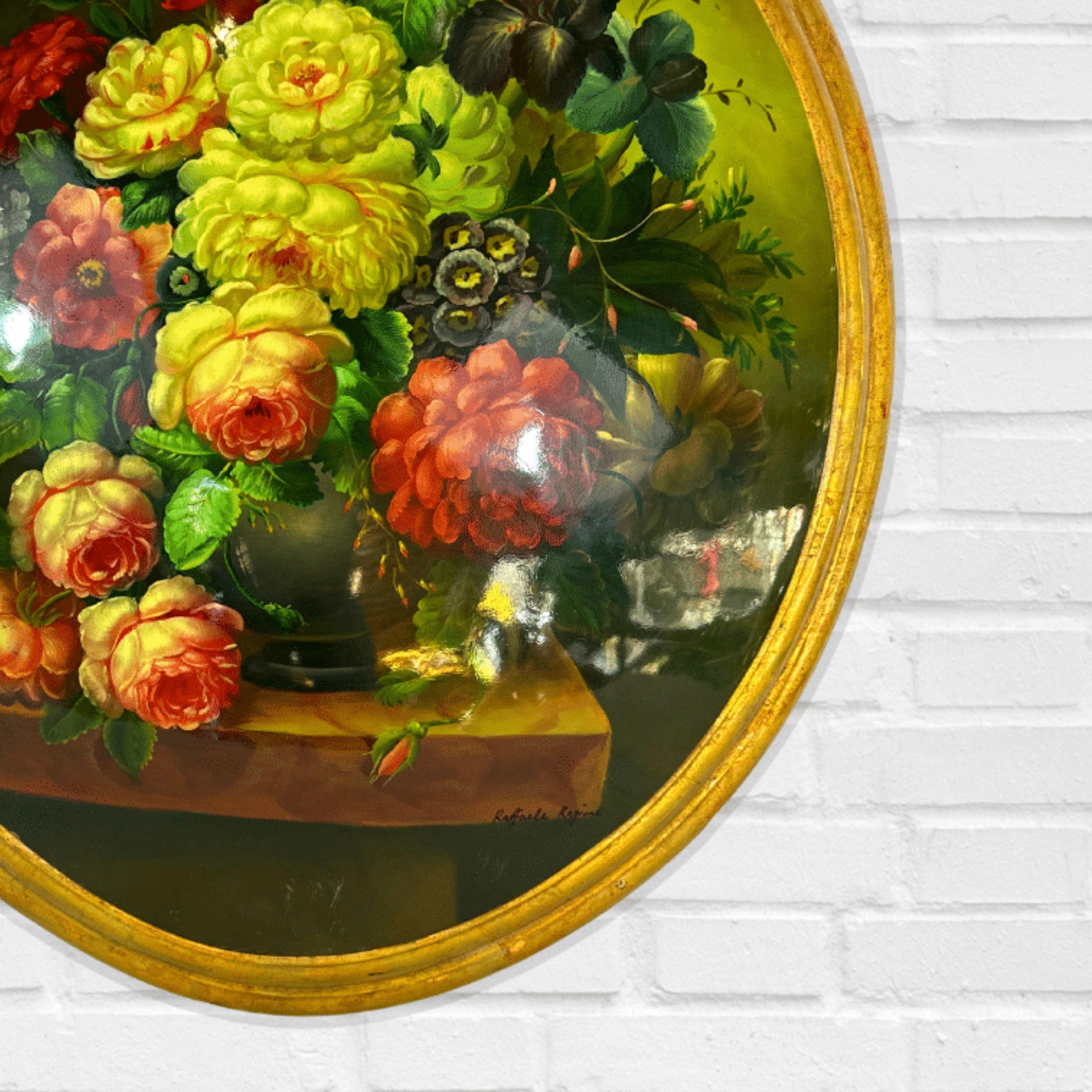 A sumptuous still life unfolds in this exquisite oil painting, where a bounty of ripe peaches, pears, and grapes is artfully arranged beside an elegant vase. The fruits, rendered in warm, inviting hues, exude a sense of ripeness and abundance, their