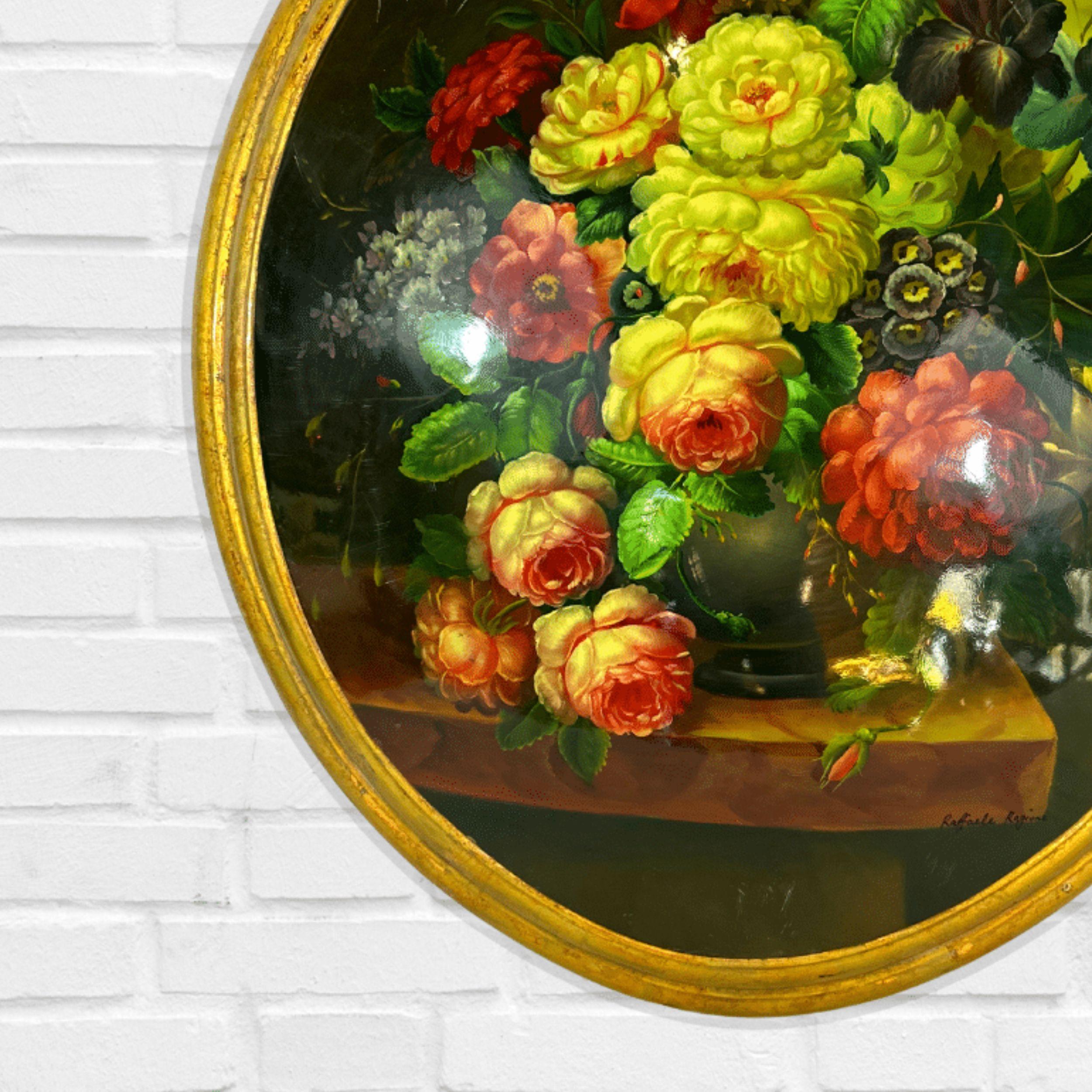 Still Life of Fruit on Table, Gilt Wood Oval Frame with Convex, Hand Painted Oil For Sale 1