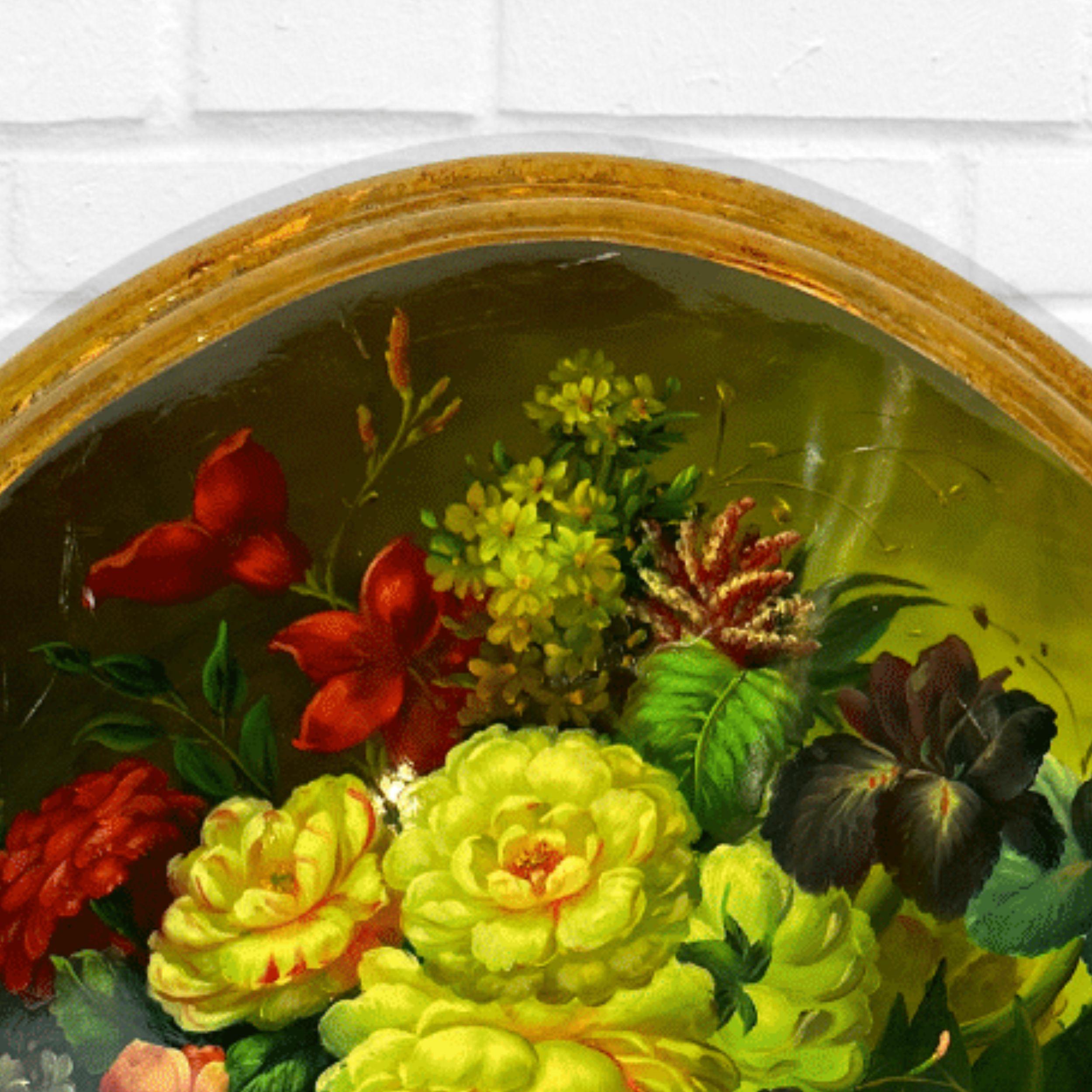 Still Life of Fruit on Table, Gilt Wood Oval Frame with Convex, Hand Painted Oil For Sale 3