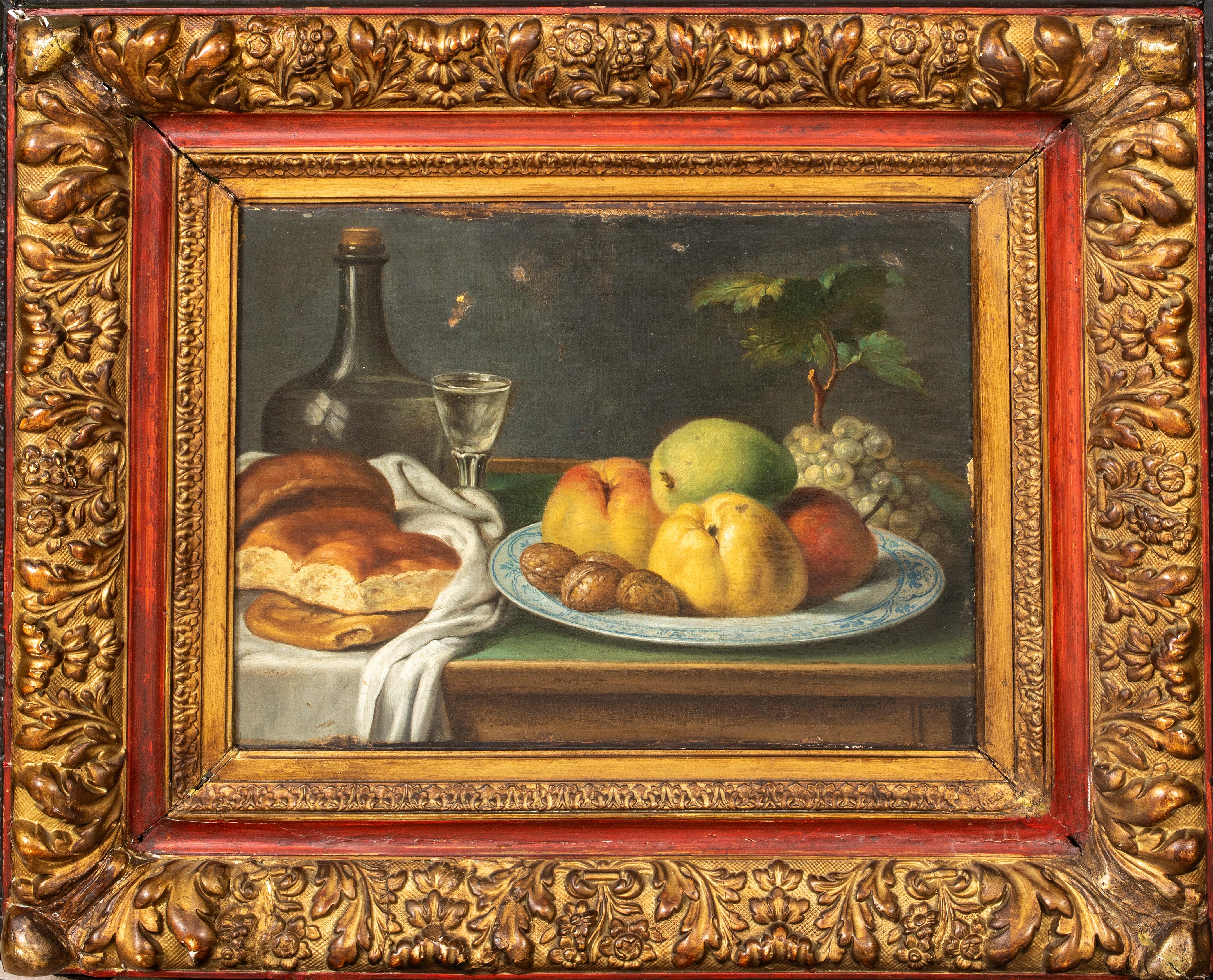 Stillleben mit Obst, Wein, Brot und Nussbaum, FLORIS CLAESZ VAN DYCK, 17. Jahrhundert – Painting von Unknown