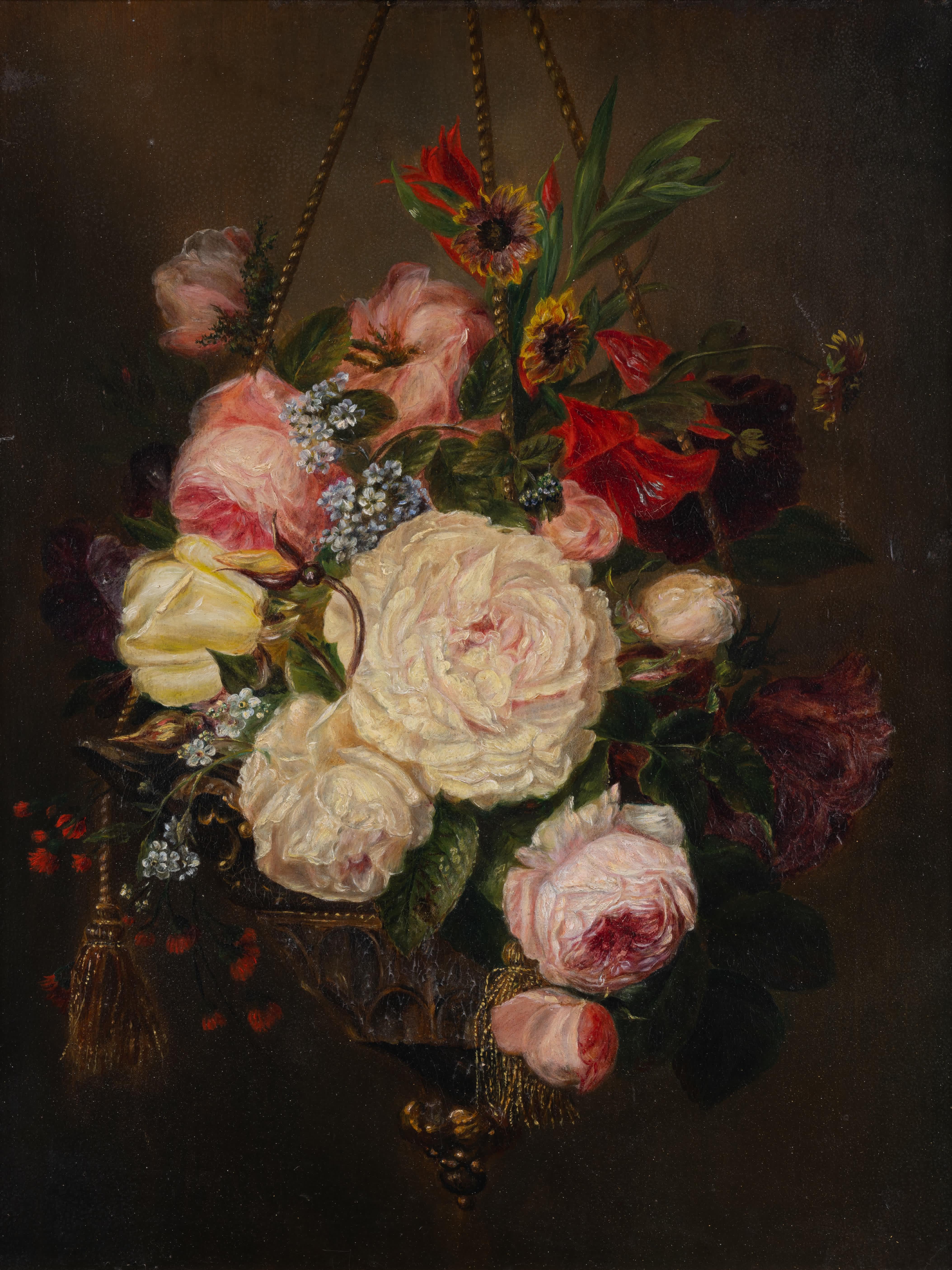 Stilleben mit hängendem Blumenkorb – Painting von Unknown