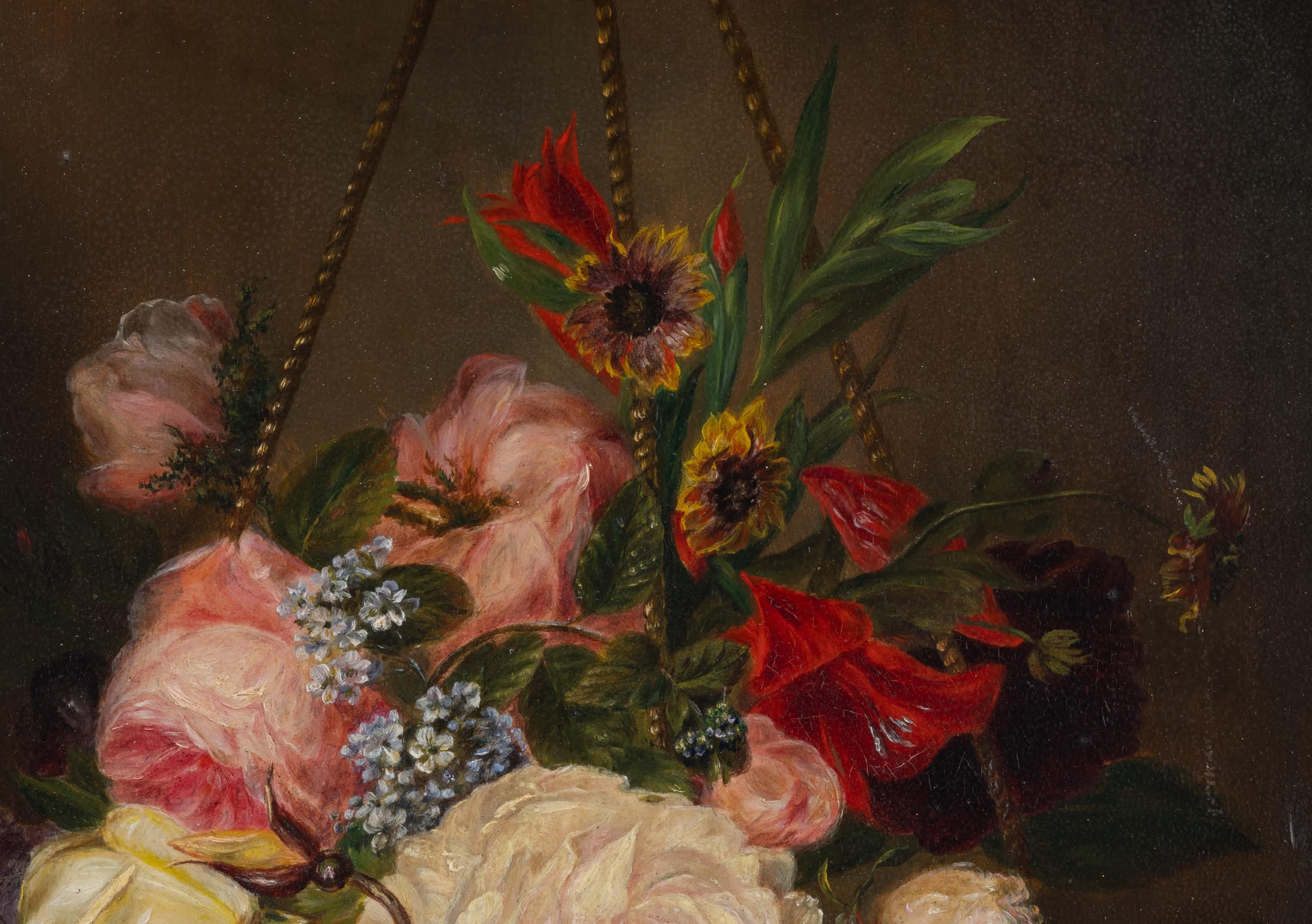 Stilleben mit hängendem Blumenkorb (Niederländische Schule), Painting, von Unknown