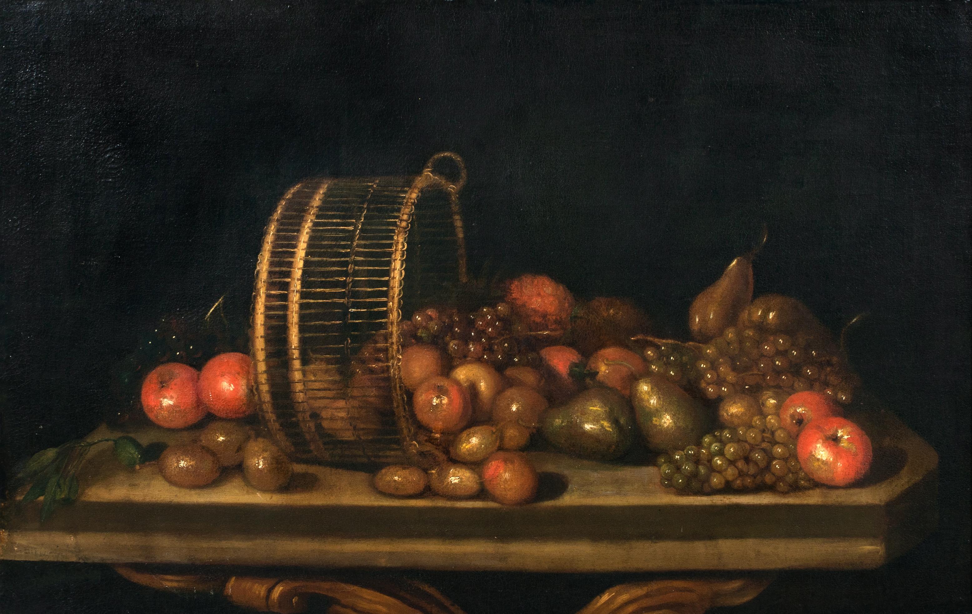 Stilleben mit Birnen, Äpfeln und Trauben in einem umgedrehten Korb, 17. Jahrhundert 

Kreis von BARTHOLOMEUS ASSTEYN (1607-1667)

Großes holländisches Stillleben des 17. Jahrhunderts mit Äpfeln, Birnen und Trauben in einem umgedrehten Korb auf einem