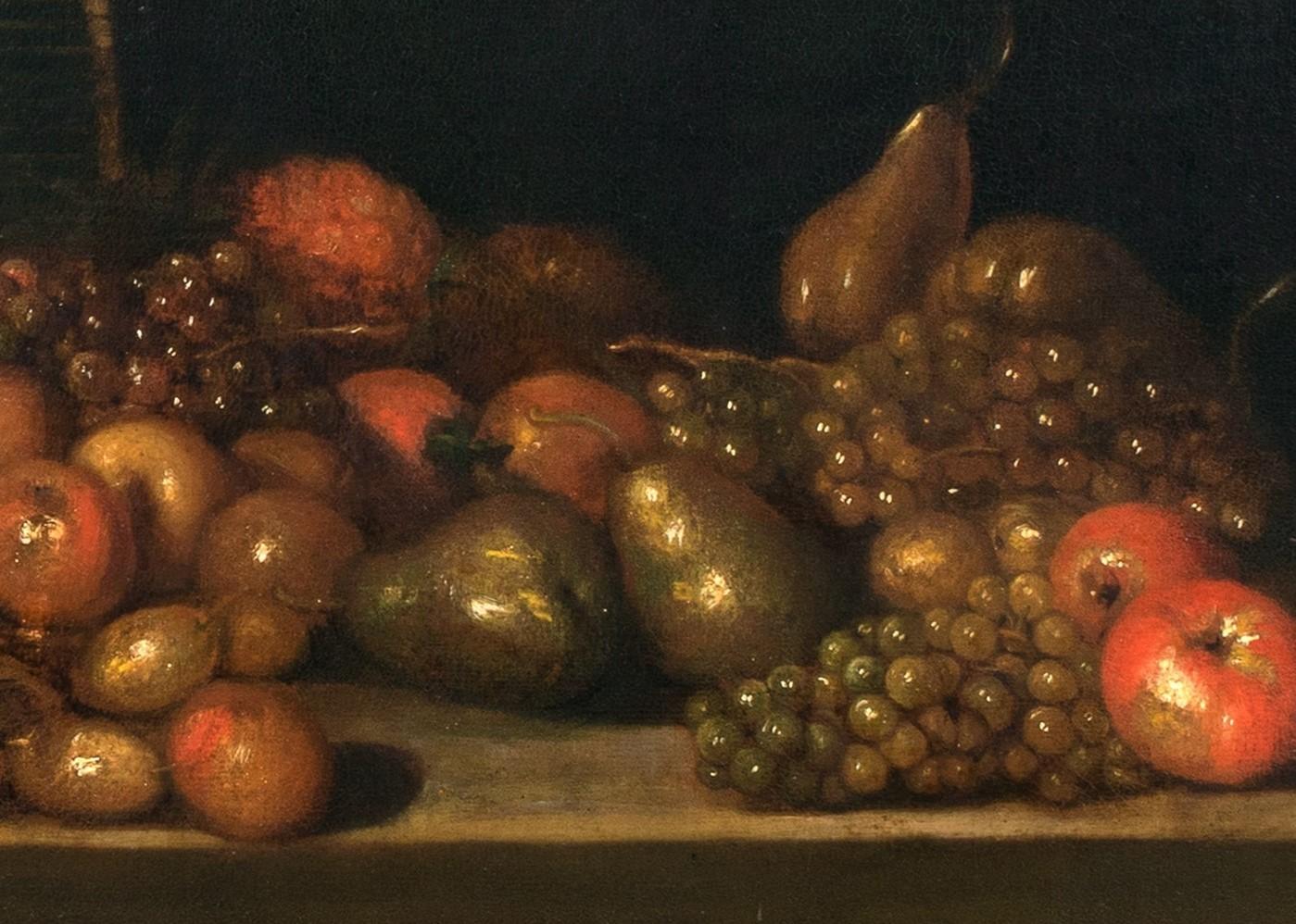Stilleben mit Birnen, Äpfeln und Trauben in einem umgedrehten Korb, 17. Jahrhundert  im Angebot 1
