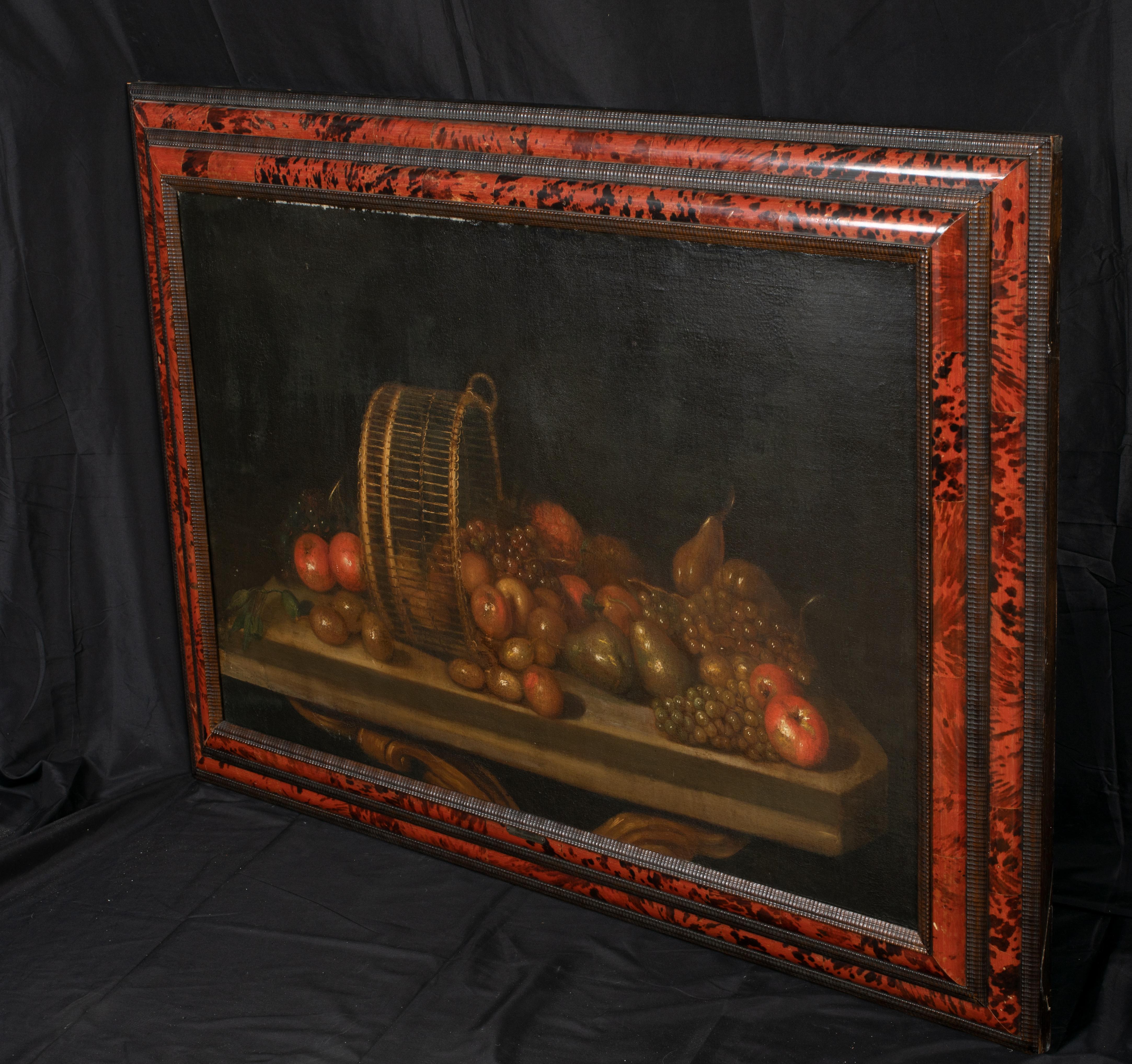 Still Life Of Pears, Apples and Grapes in an upturned basket, 17th Century  For Sale 2