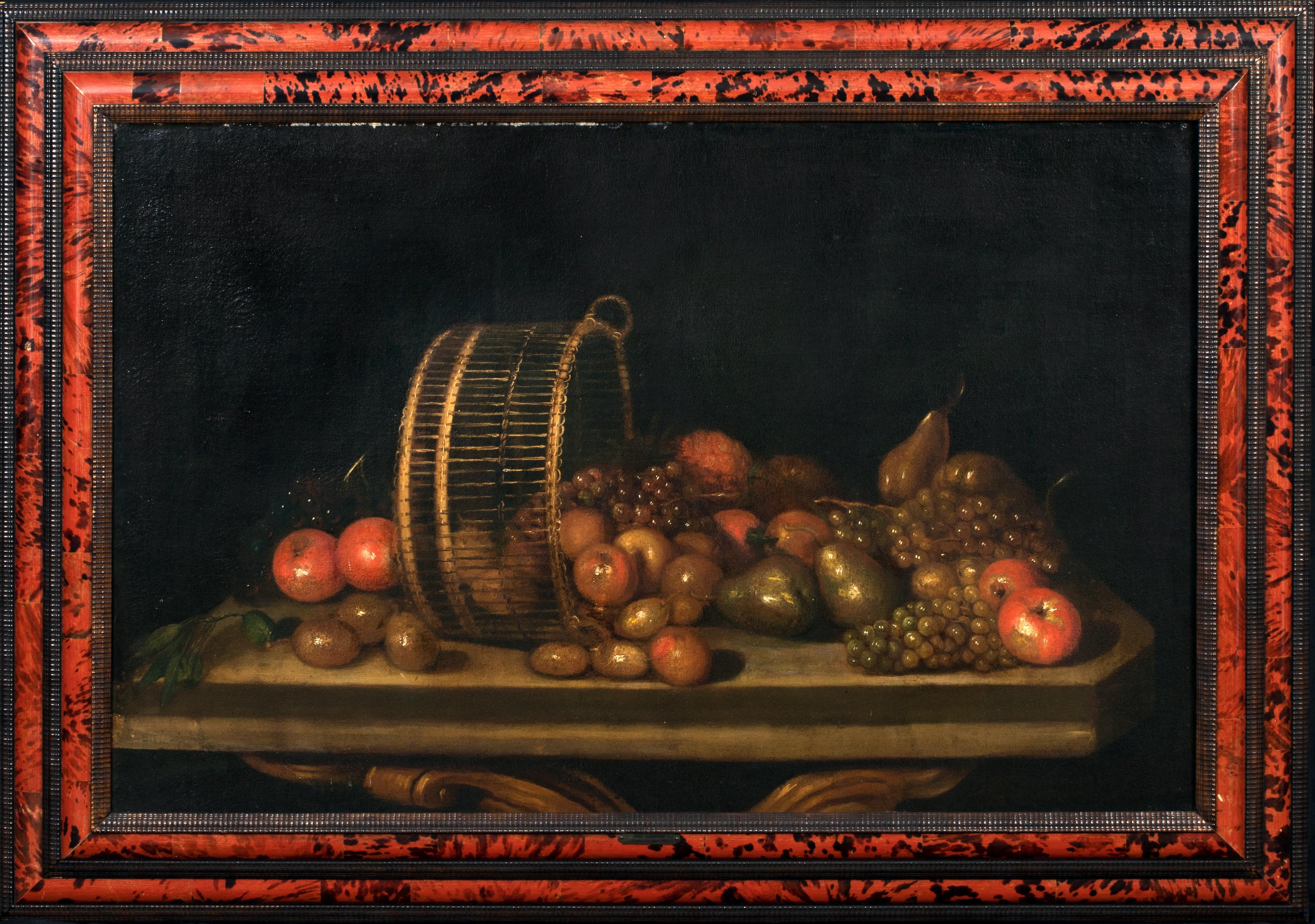 Unknown Still-Life Painting – Stilleben mit Birnen, Äpfeln und Trauben in einem umgedrehten Korb, 17. Jahrhundert 