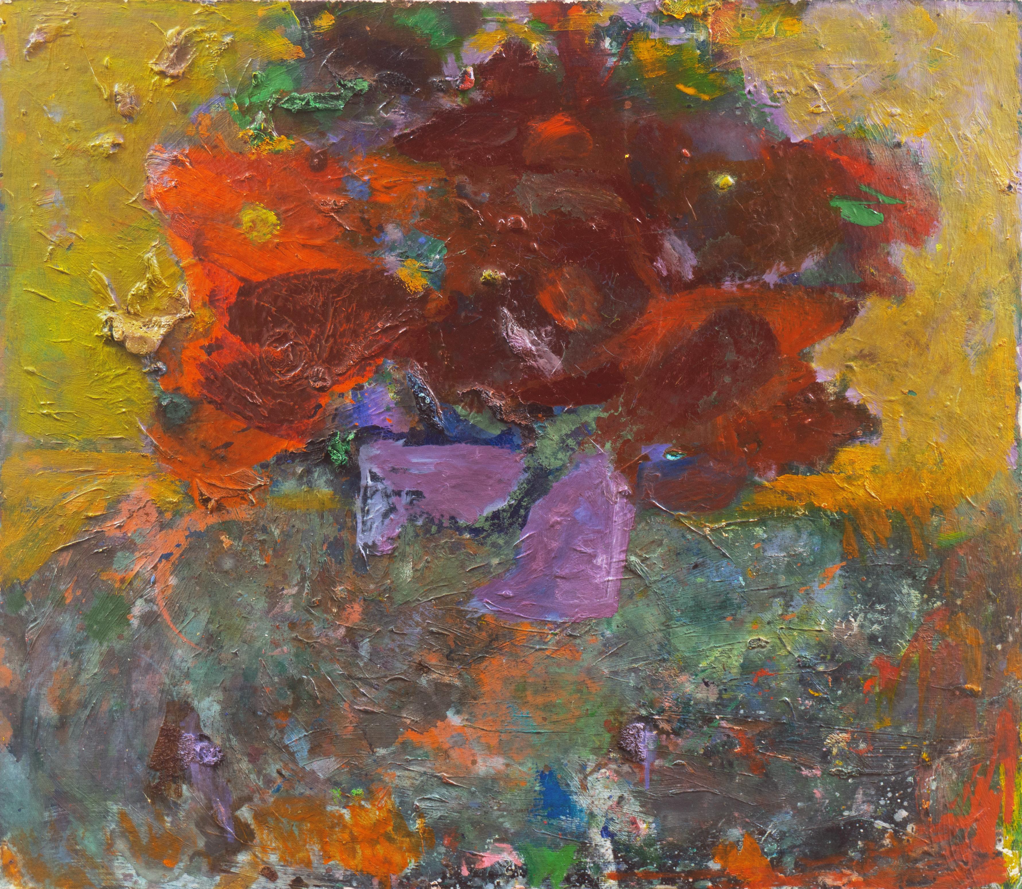 Still-Life Painting Unknown - « Still Life of Poppies », huile expressionniste florale de l'école américaine, milieu du siècle dernier
