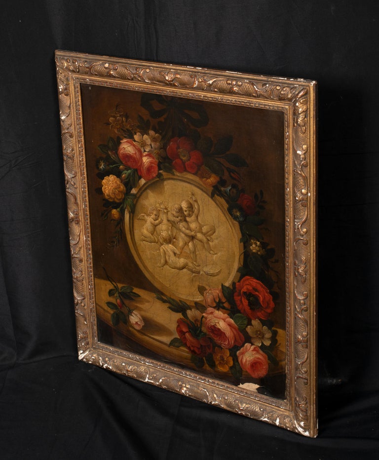 Still Life of Roses & Marble Cherubs On A Mantle 18th Century For Sale 6
