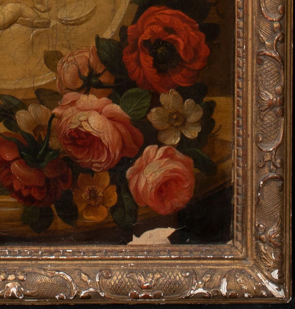 Still Life of Roses & Marble Cherubs On A Mantle 18th Century 6