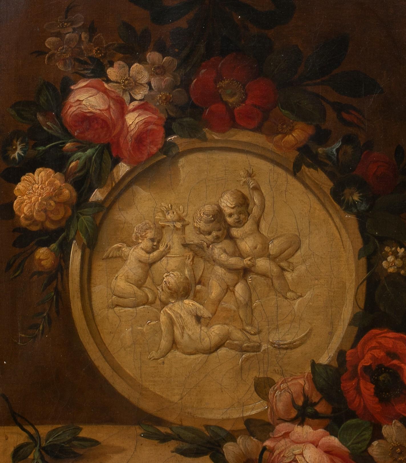 Still Life of Roses & Marble Cherubs On A Mantle 18th Century - Brown Still-Life Painting by Unknown