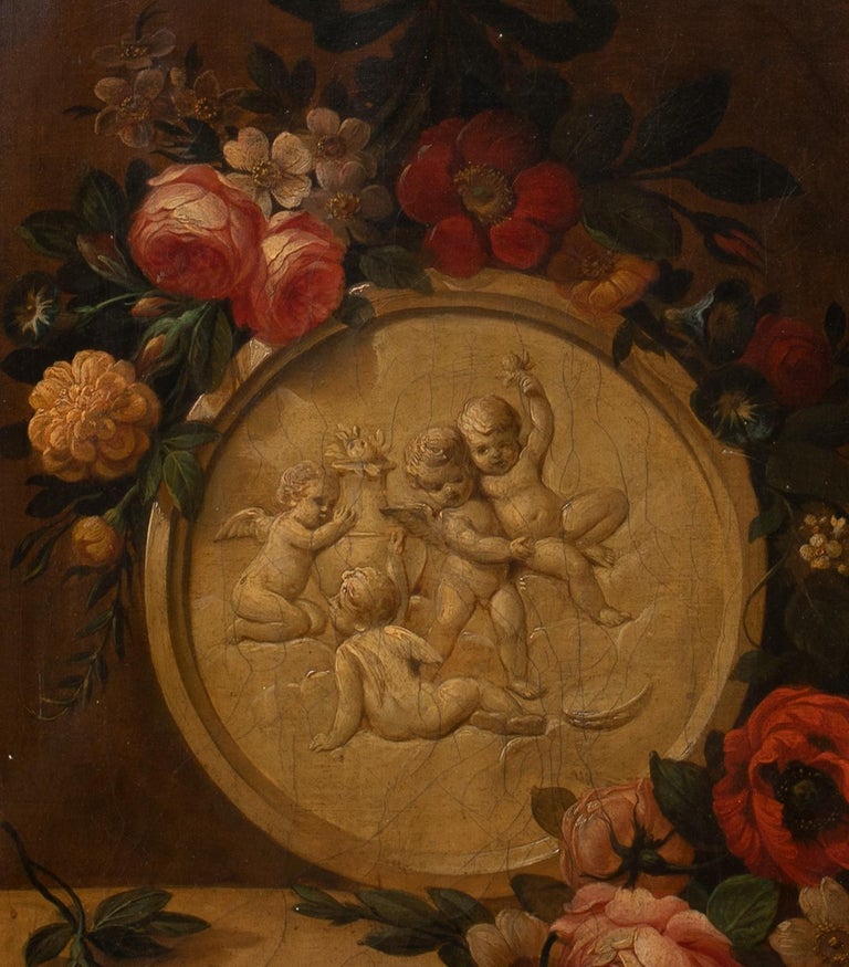 Still Life of Roses & Marble Cherubs On A Mantle 18th Century For Sale 1