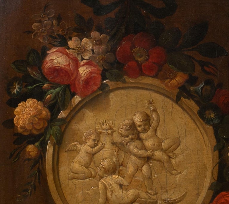Still Life of Roses & Marble Cherubs On A Mantle 18th Century For Sale 2