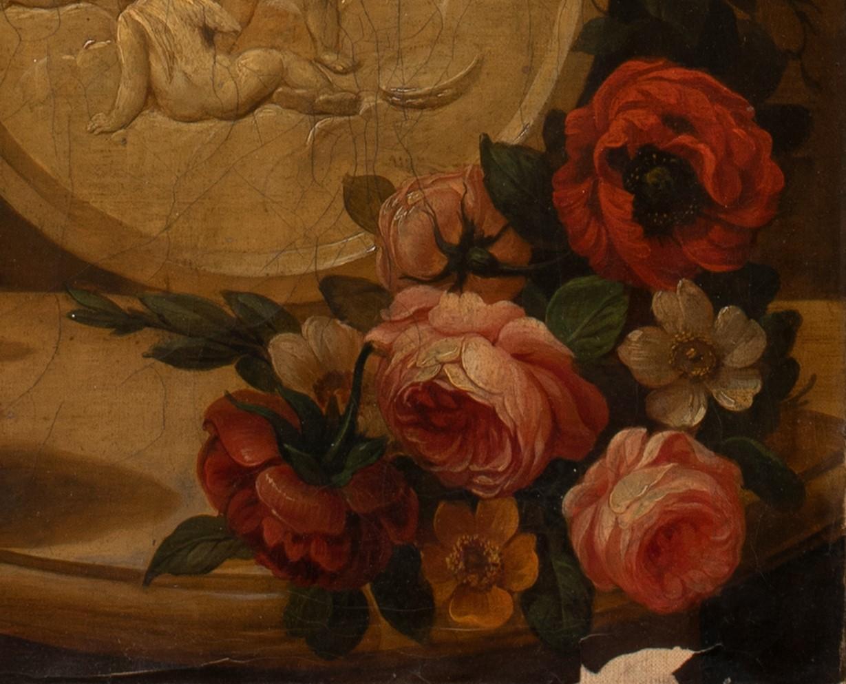 Still Life of Roses & Marble Cherubs On A Mantle 18th Century 1