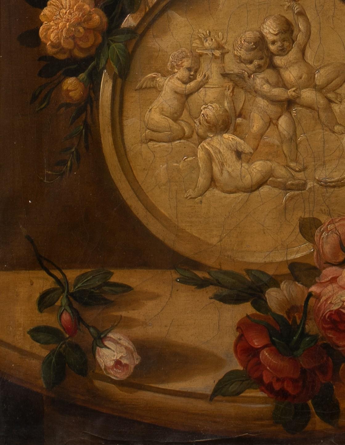 Still Life of Roses & Marble Cherubs On A Mantle 18th Century 2