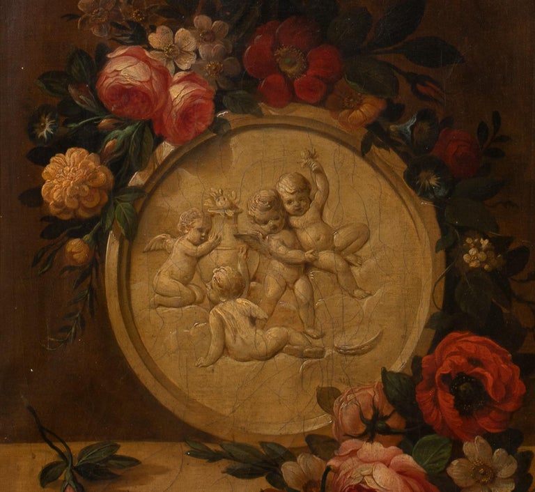 Still Life of Roses & Marble Cherubs On A Mantle 18th Century For Sale 5