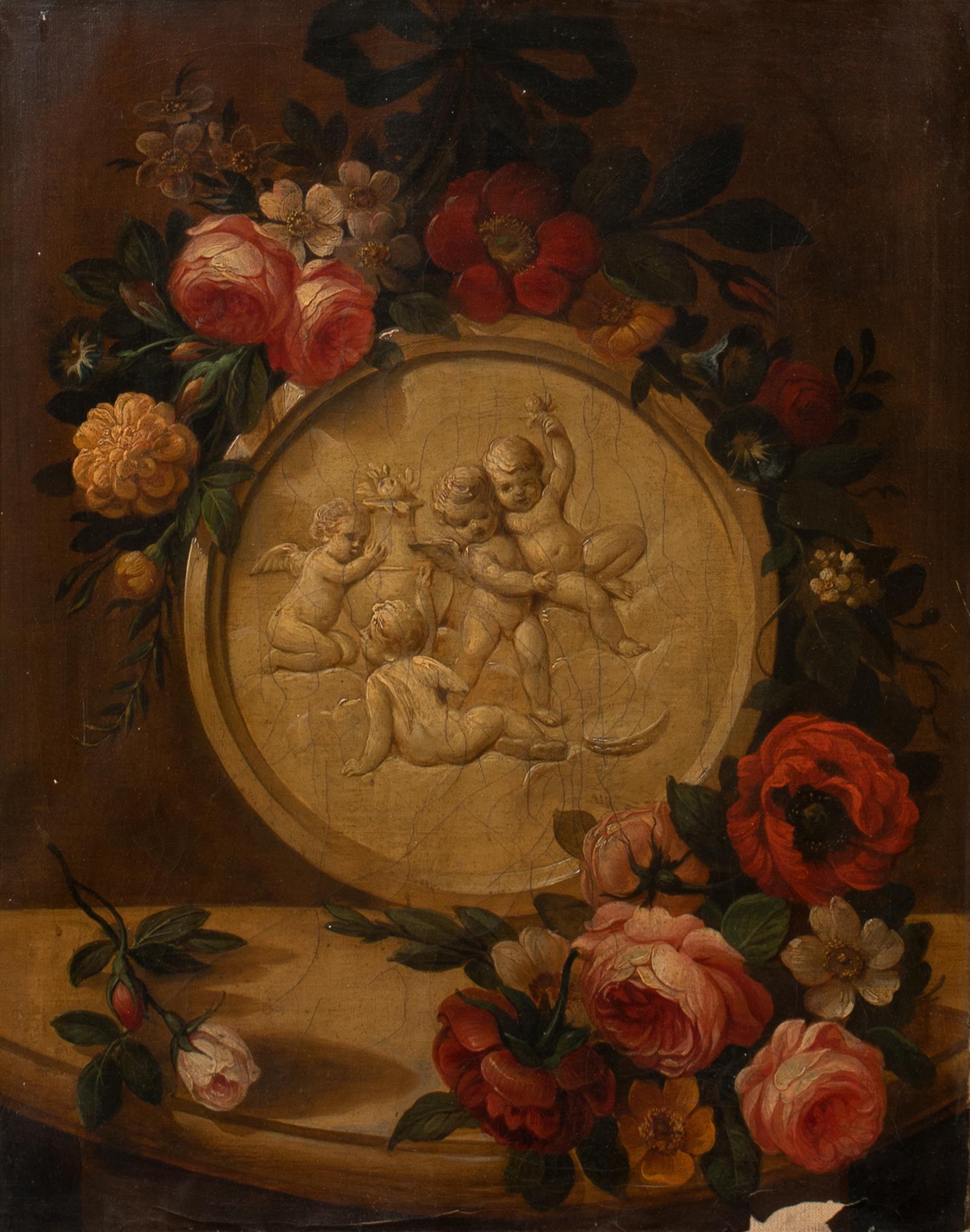 Unknown Still-Life Painting - Still Life of Roses & Marble Cherubs On A Mantle 18th Century