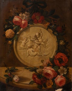 Still Life of Roses & Marble Cherubs On A Mantle 18th Century