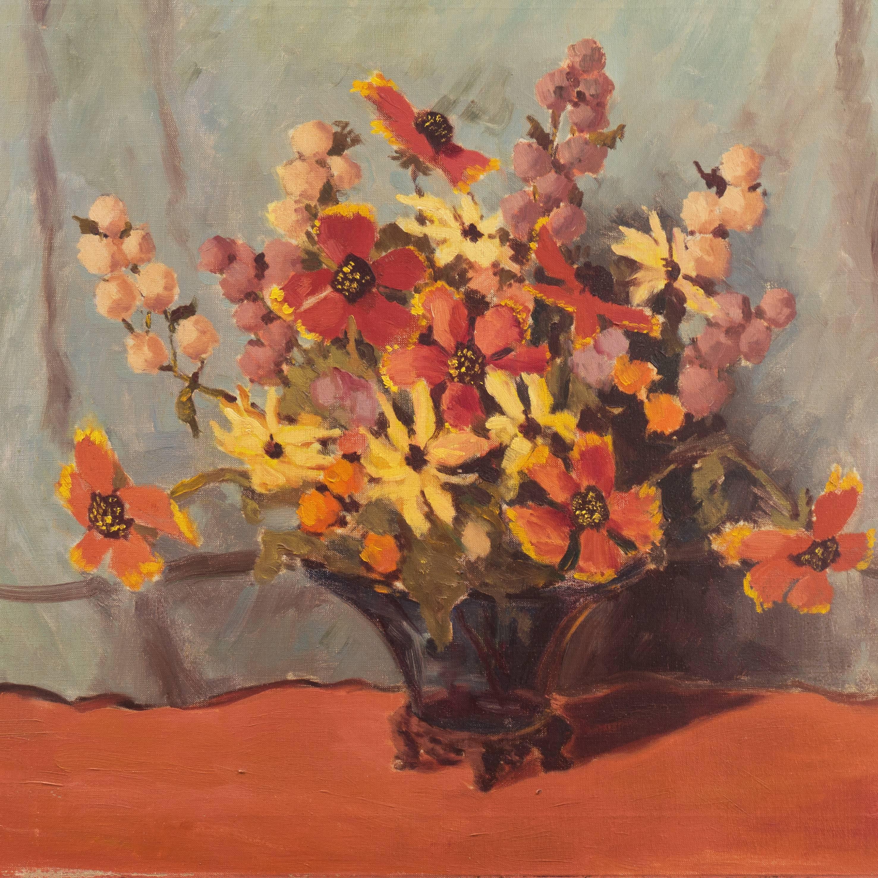 'Still Life, Rust and Jade', American School Spring Flowers  Post-Impressionist  - Brown Interior Painting by Unknown