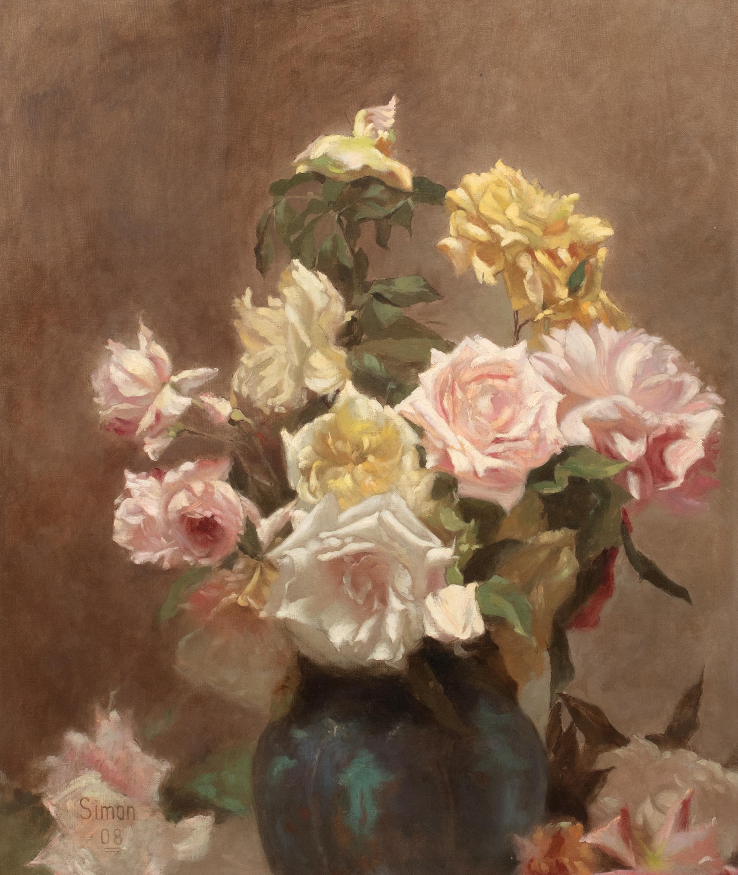 Still Life Of Summer Roses, dated 1908 

by LUCIEN SIMON (1861-1905) sales to $70,000

Large 1908 French Impressionist still life of yellow, pink and white summer roses in a vase, oil on canvas by Lucien Simon. Excellent quality and condition,