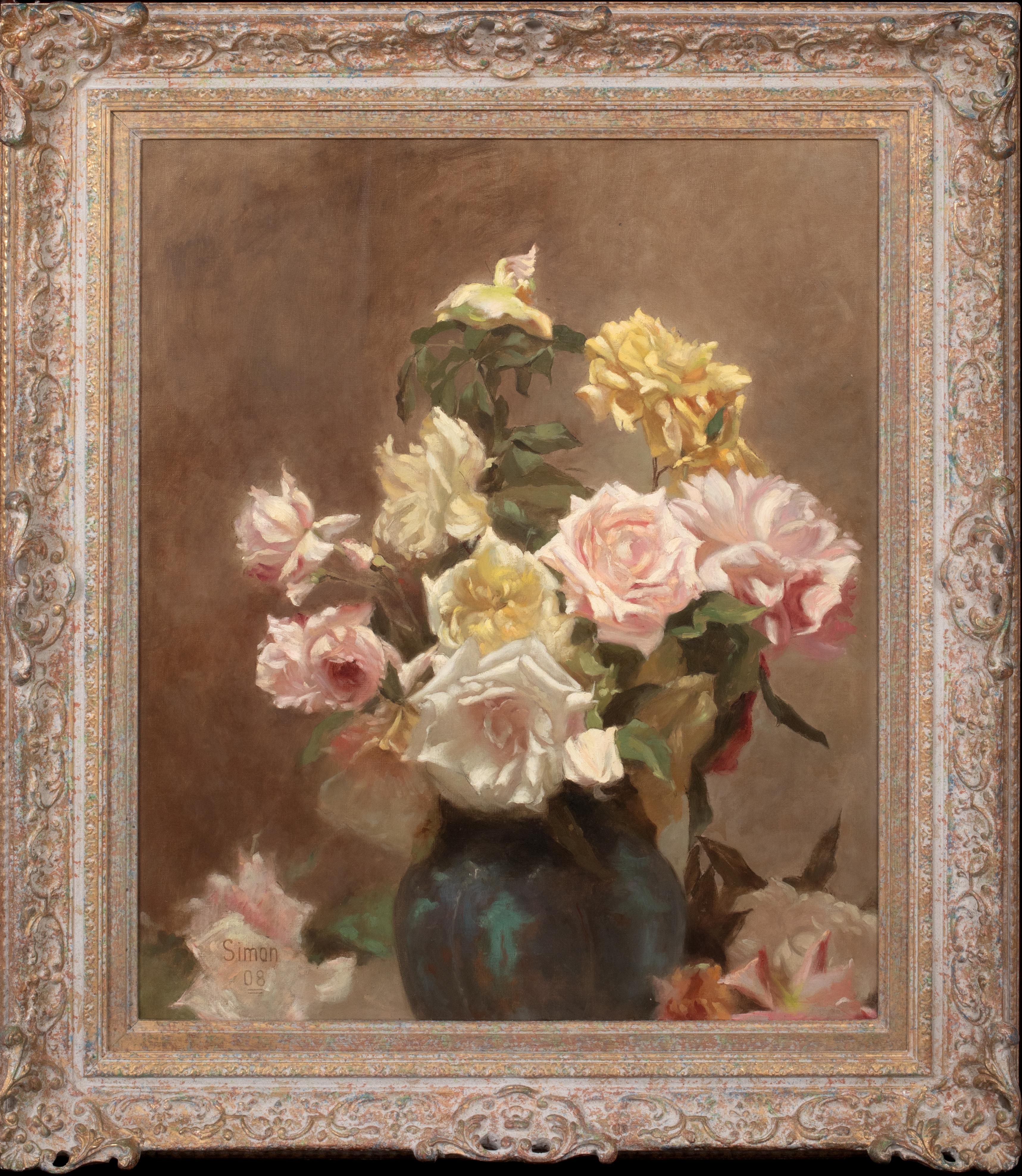 Still-Life Painting Unknown - Nature morte aux roses d'été, datée de 1908   par LUCIEN SIMON (1861-1905)