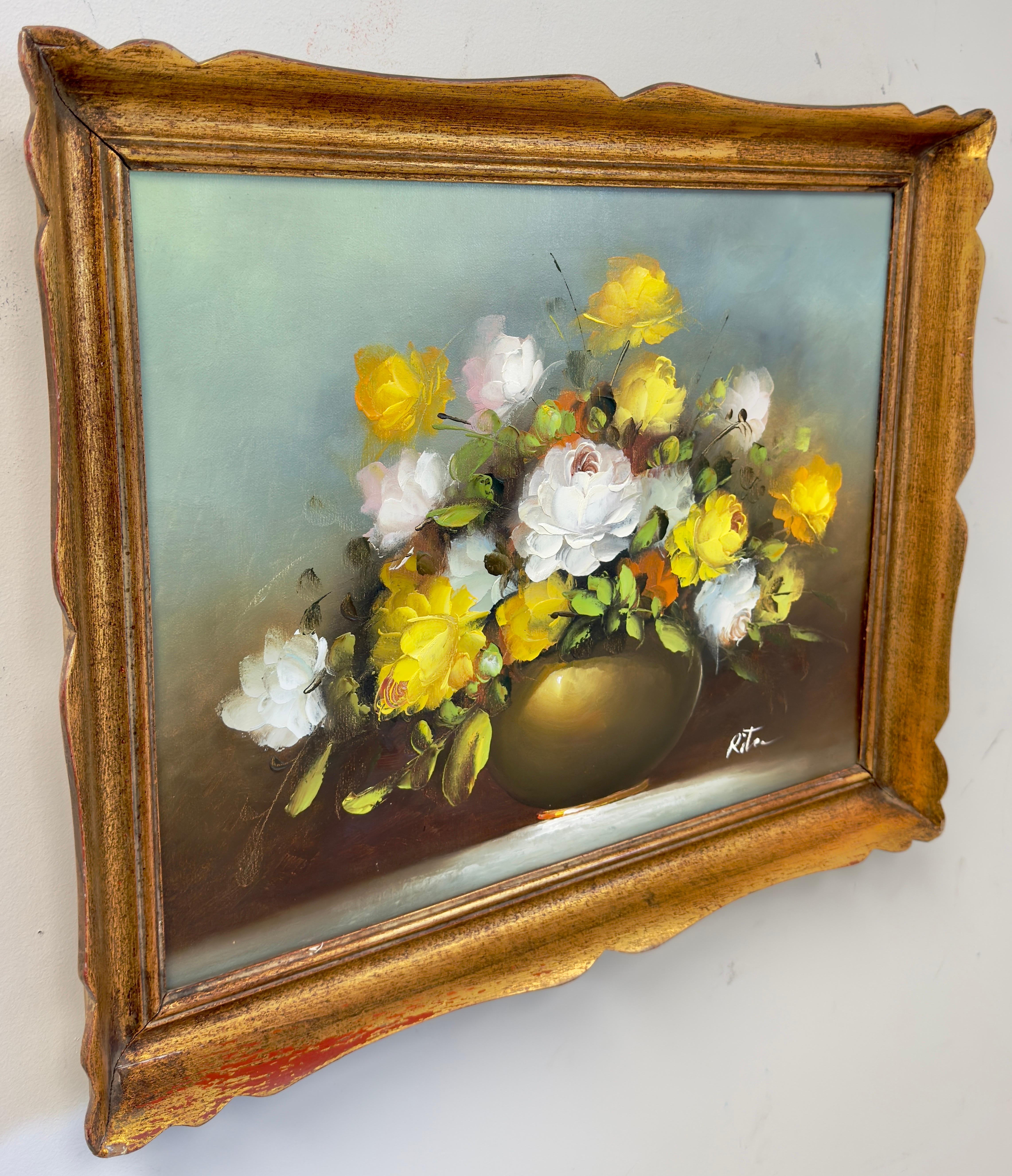 Stillleben Öl auf Leinwand Gemälde mit weißen und gelben Rosen, signiert (Naturalismus), Painting, von Unknown