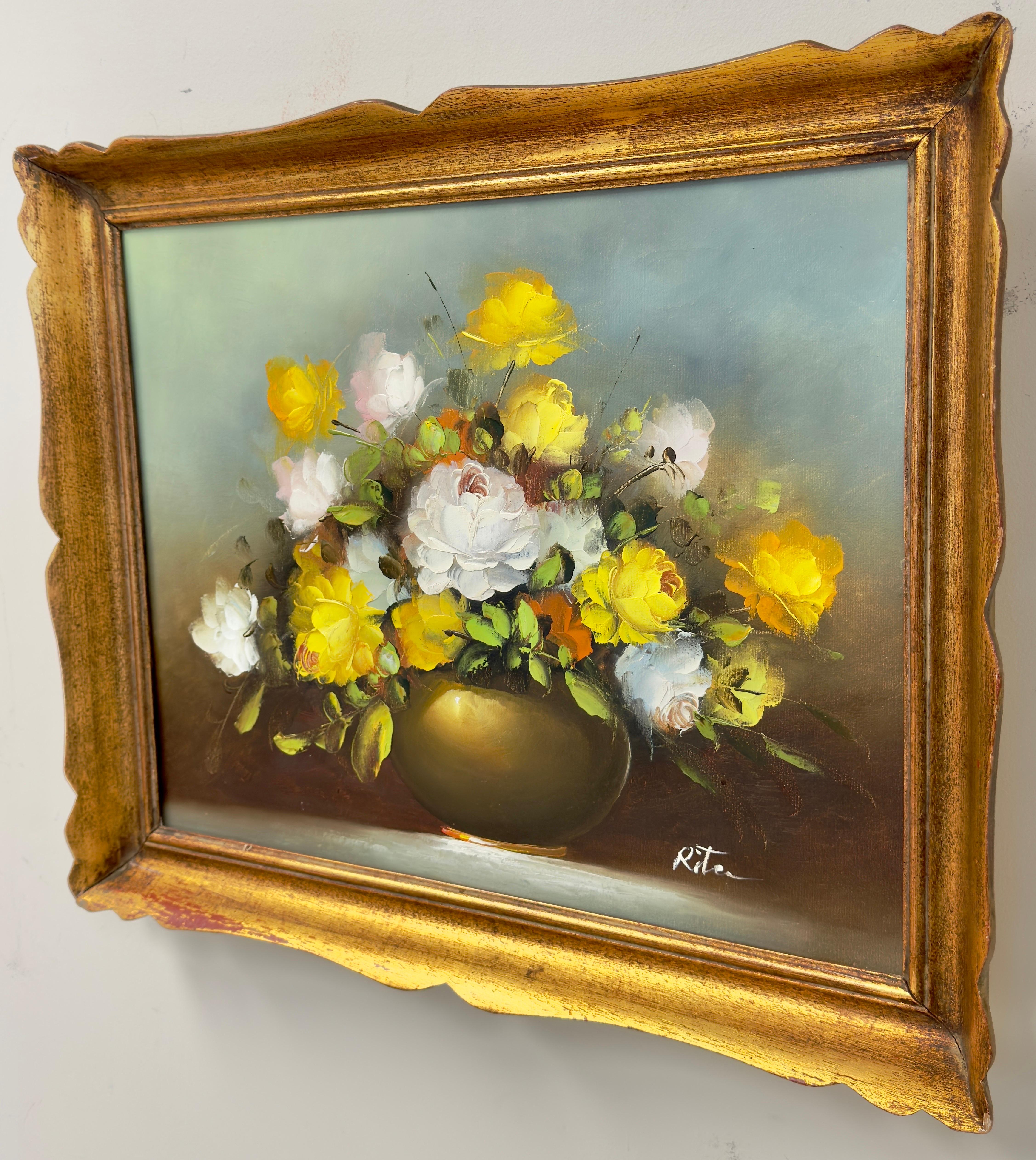 Stillleben Öl auf Leinwand Gemälde mit weißen und gelben Rosen, signiert (Braun), Still-Life Painting, von Unknown