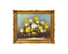 Vintage Still Life Oil on Canvas painting of White and Yellow Roses, Signed 
