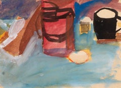 Nature morte sur une table, peinture à la gouache de Peters Potworowski, 1954