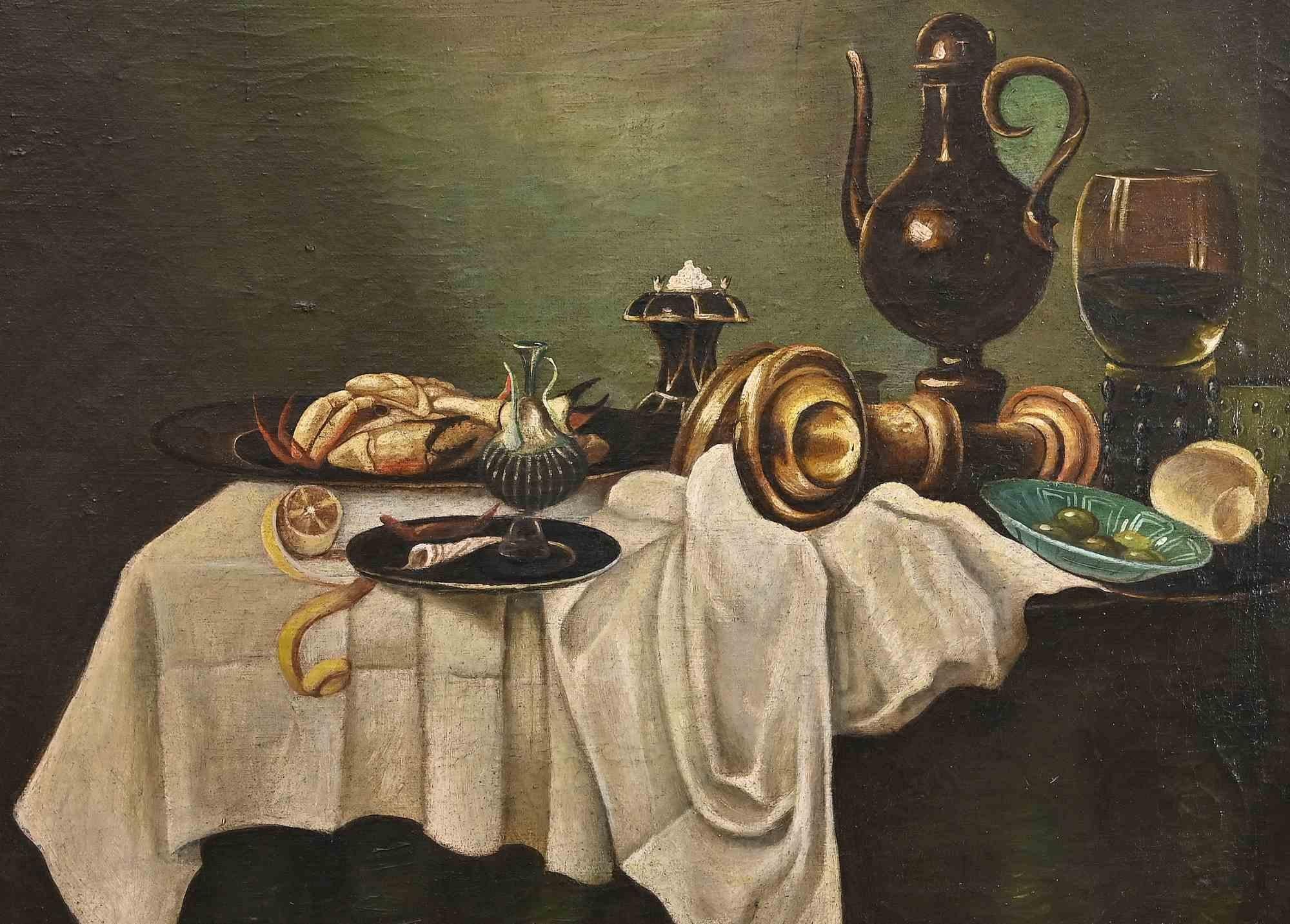 Naturaleza muerta sobre una mesa - Pintura al óleo sobre lienzo - Siglo XX - Painting de Unknown