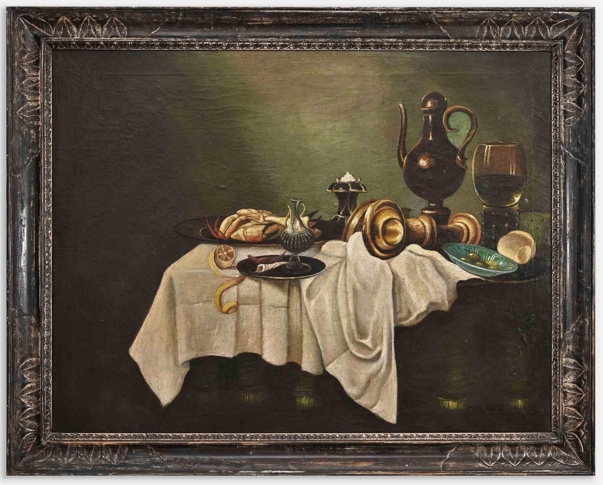 Stillleben auf einem Tisch – Ölgemälde auf Leinwand – 20. Jahrhundert