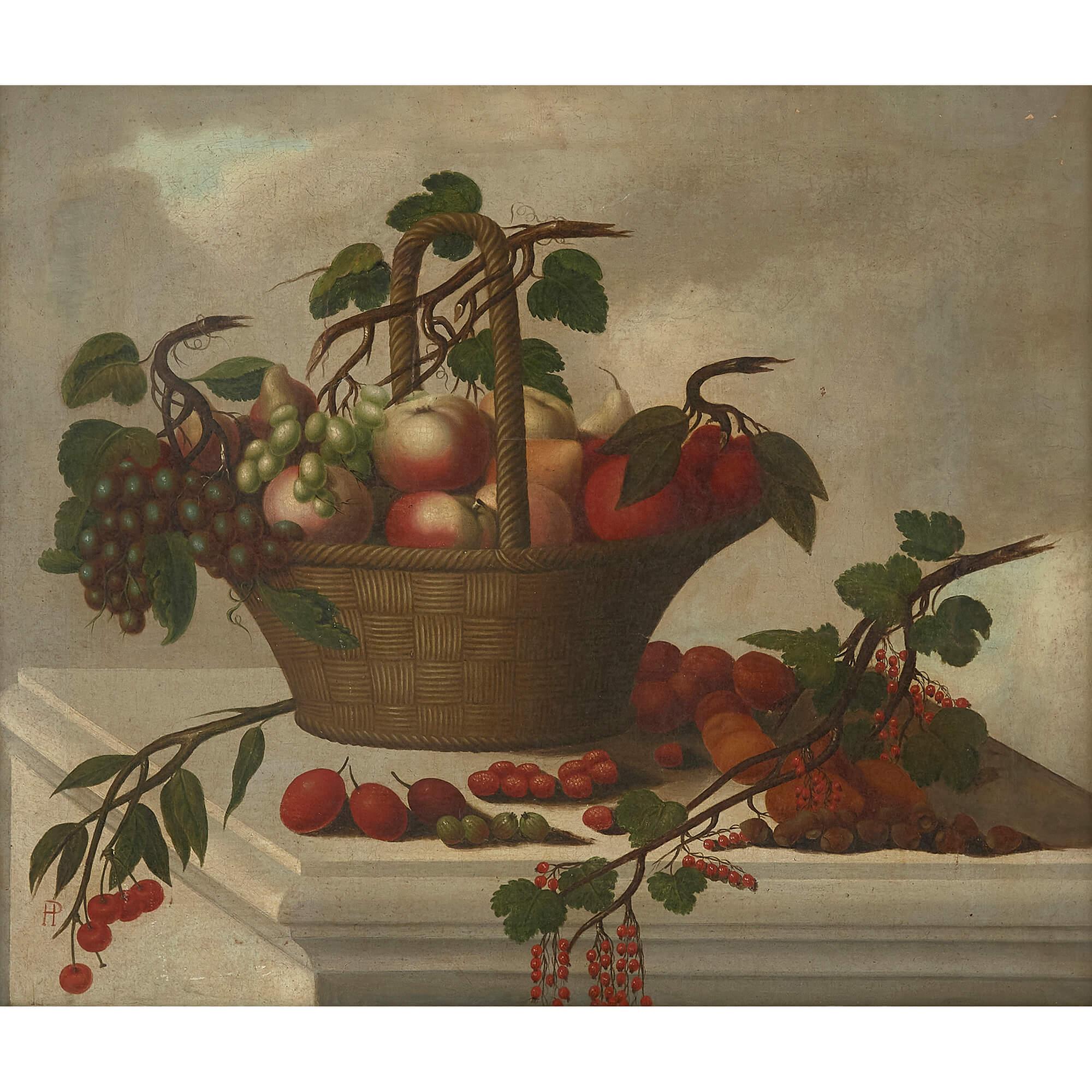 Still life painting of fruit in a basket - Painting by Unknown